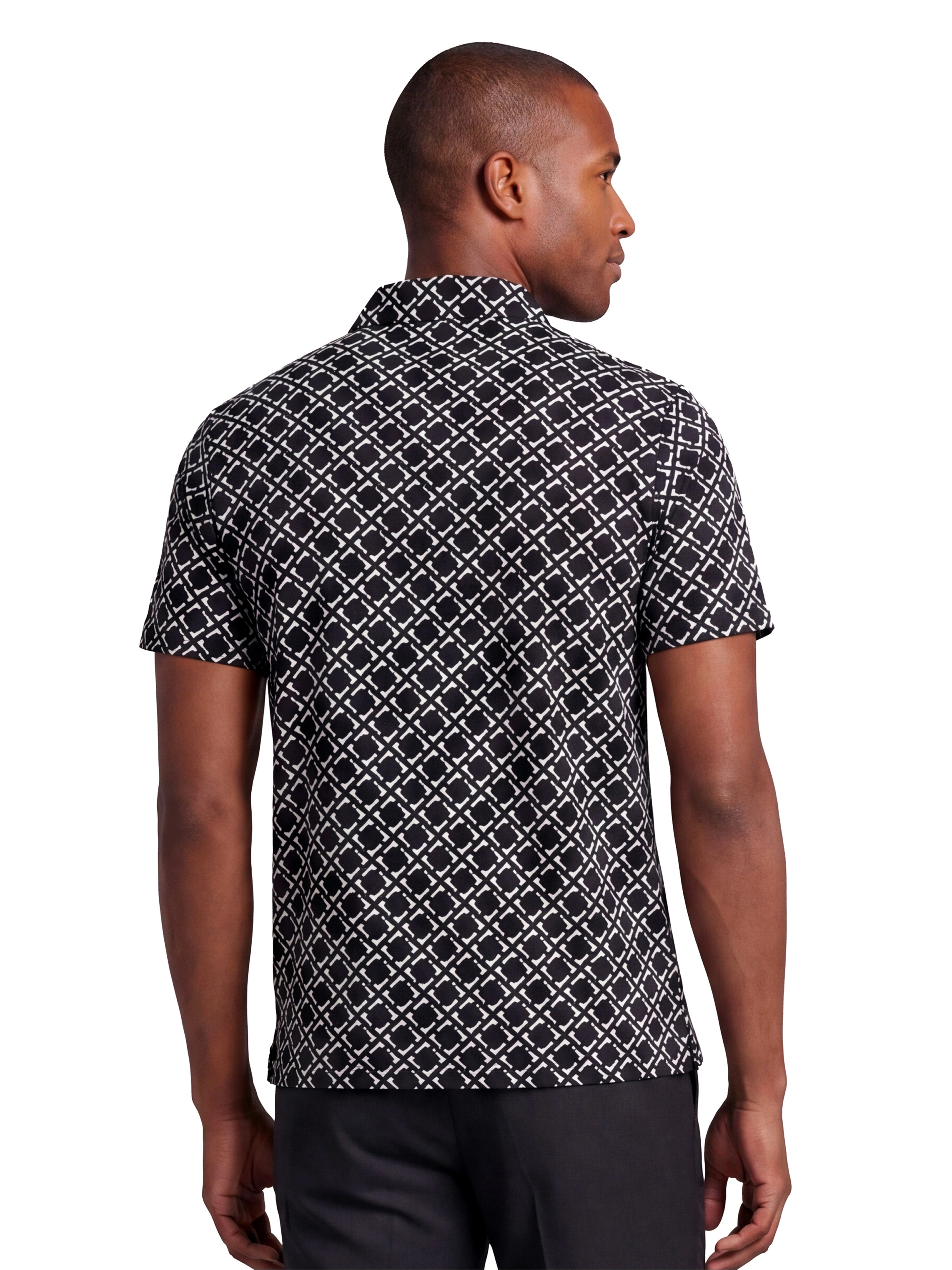 24sevenMen Wrinkle Resistant 3 Button Machine Washable Geometric Black Polo Shirt