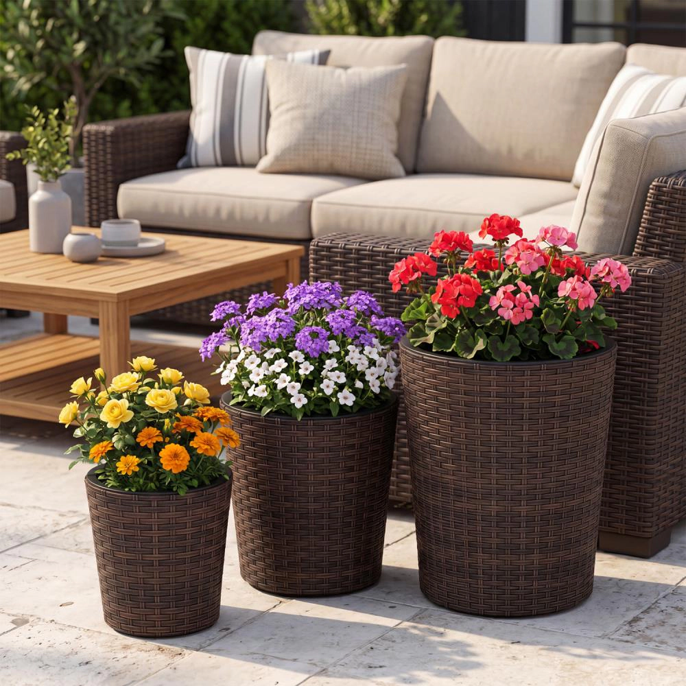 Hivvago Set of 3 Plastic Planters with Drainage Holes and Saucers for Porch and Garden