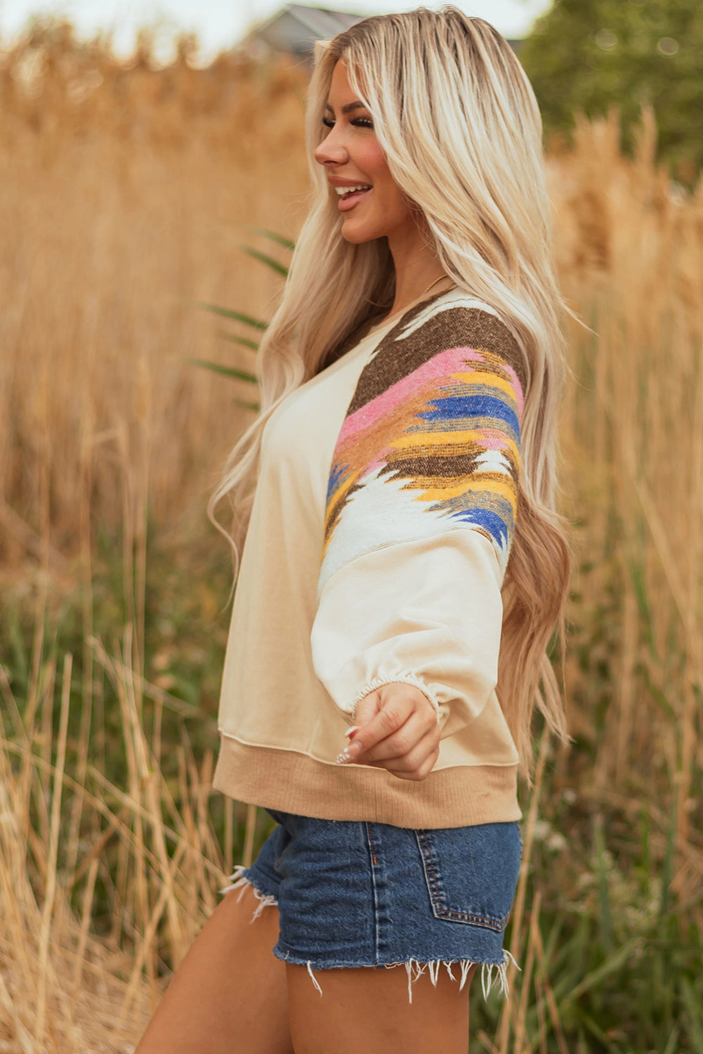 Threaded Pear Women's Logan Aztec Patchwork Raglan Pullover Sweatshirt