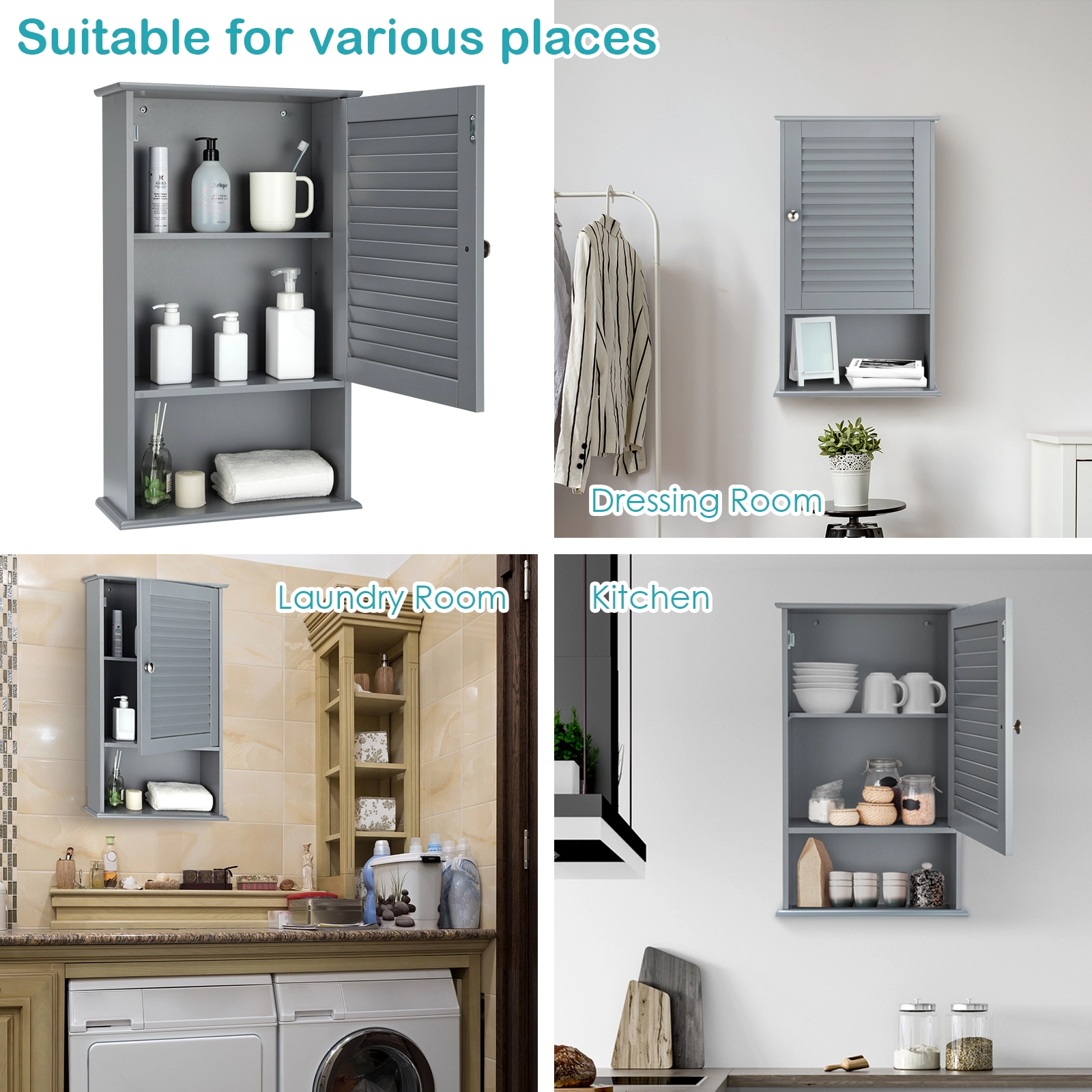 SUGIFT Wall Mount Louvered Single Door Bathroom Storage Cabinet 16.5-in x 6.5-in x 27.5-in 46-lb Capacity Gray