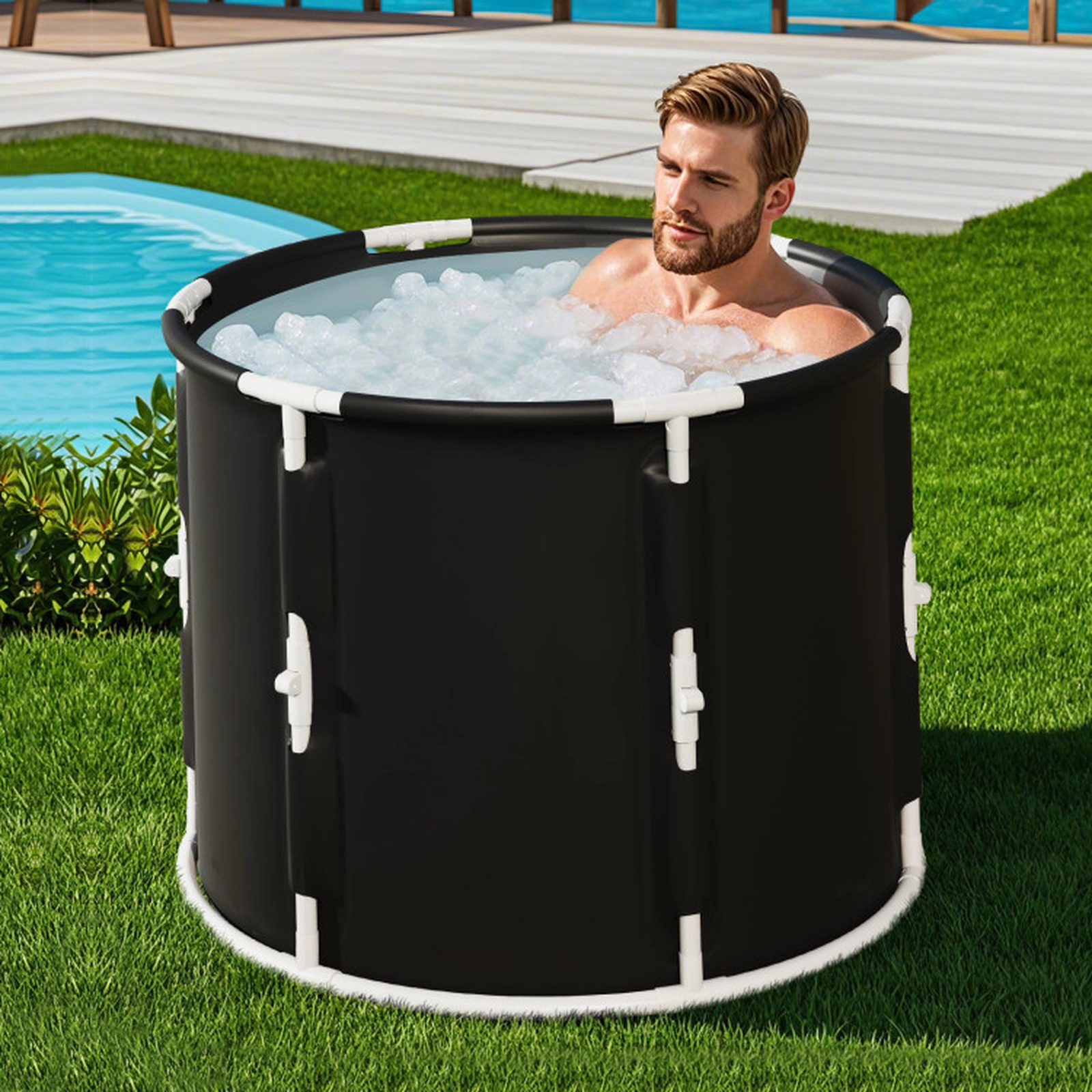 SUGIFT 66 Gal Foldable Ice Bath Tub with Lid Cold Plunge Tub 32.5 x 25 in PVC Canvas Plastic For Adult Black+White