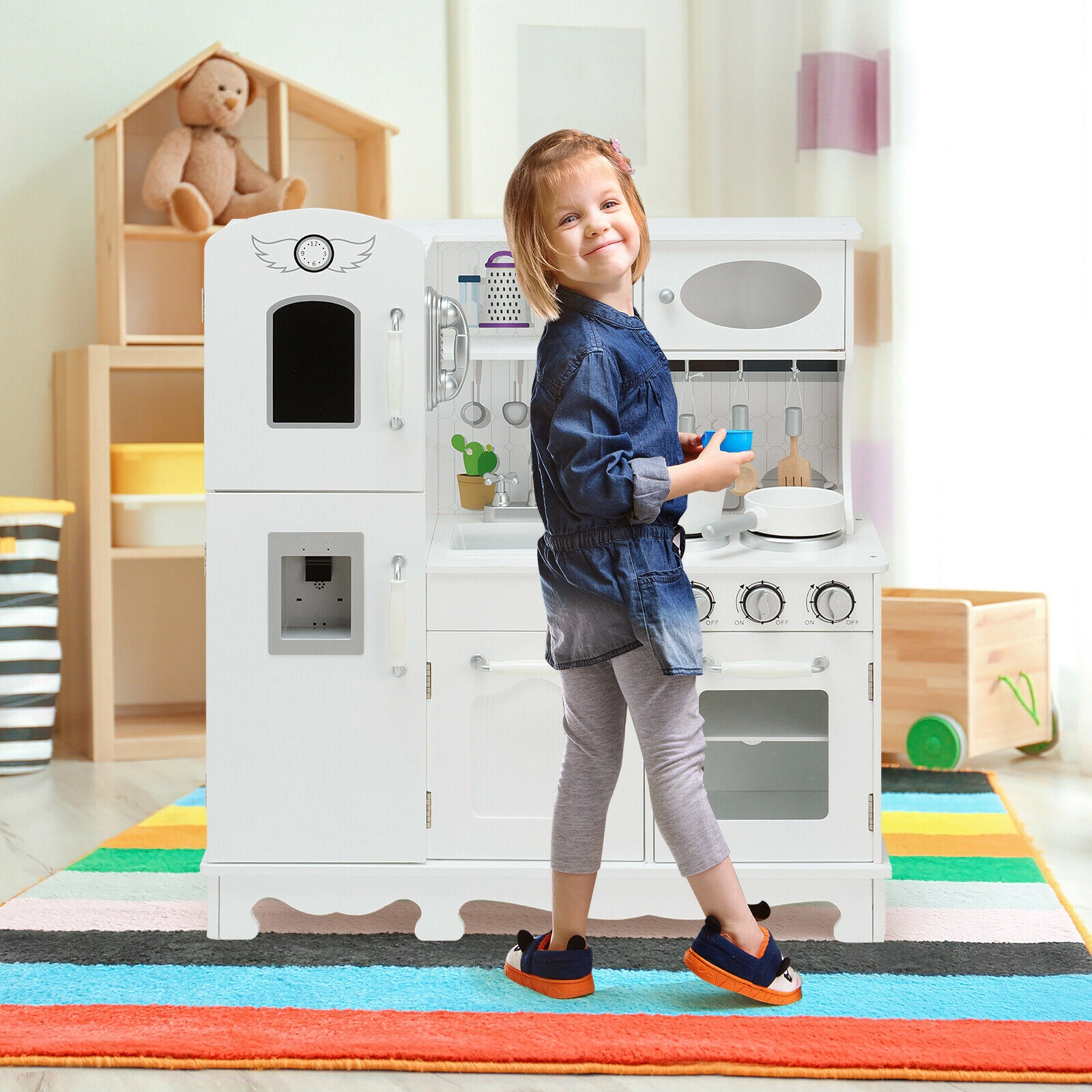 Kids Play Kitchen Water Dispenser Removable Sink Snap-On Doors 31-in Wide Kitchen Toy Set for Two Children Ages 3+ White