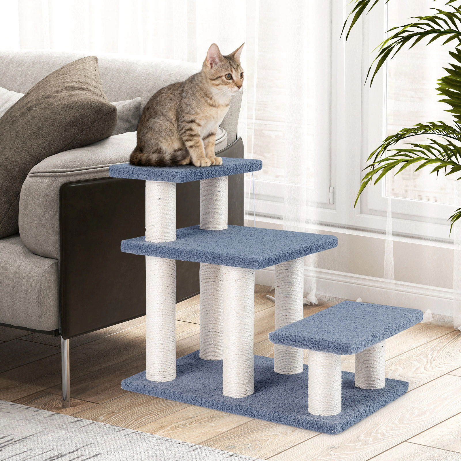 SUGIFT 3-Tier Cat Stairs Cat Tree 20-in Tall with Scratching Posts and Hanging Toy Ball 33-lb Capacity Gray