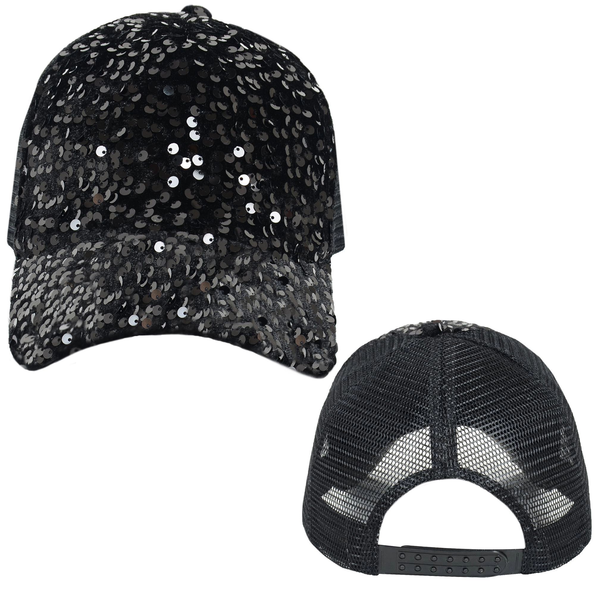 Anna-Kaci Women's Sparkly Sequin Baseball Cap Messy Low Bun Ponycap Velvet Mesh Trucker Hat