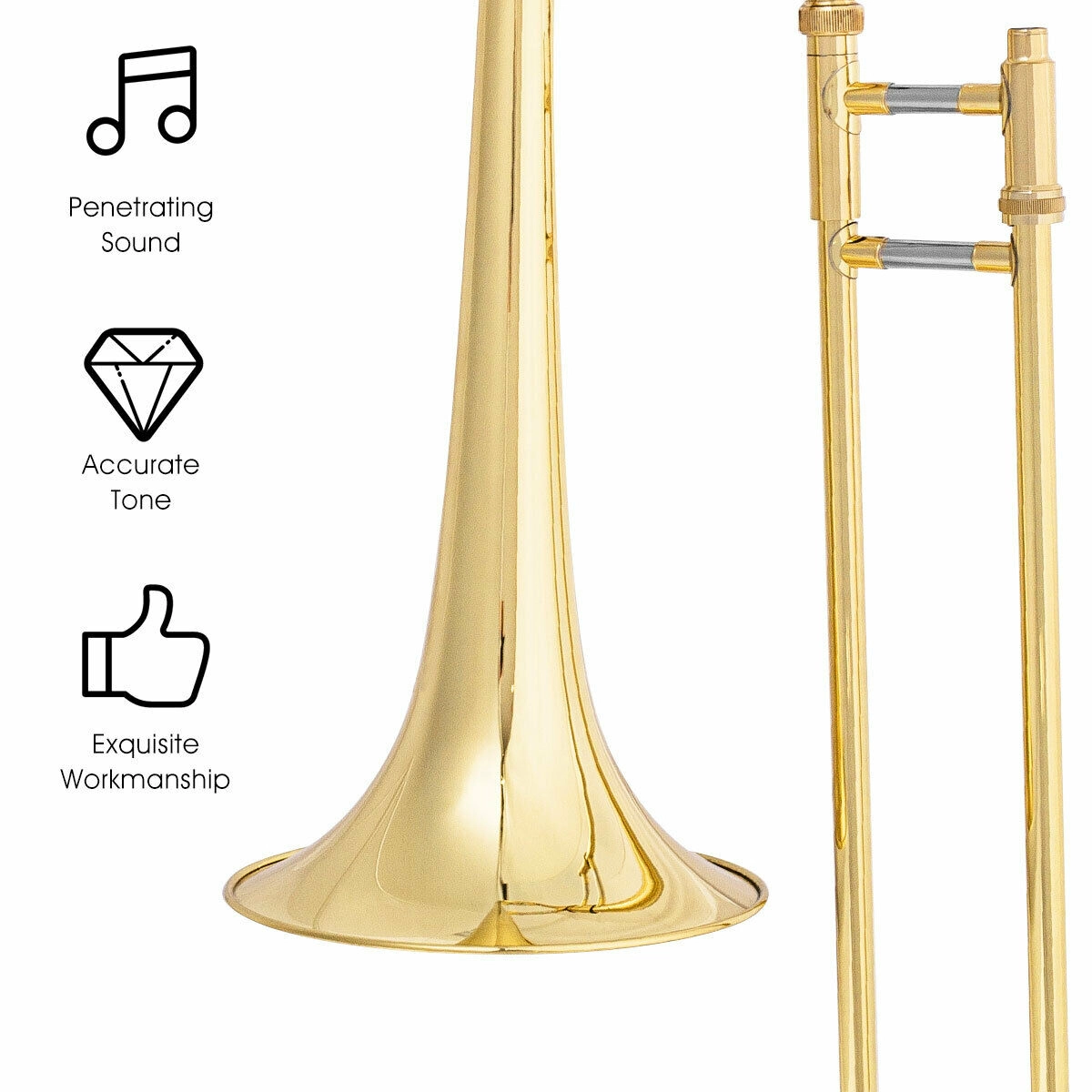 SUGIFT Gold Lacquer B-Flat Brass Trombone with Cupro-Nickel Mouthpiece Carrying Case and White Gloves