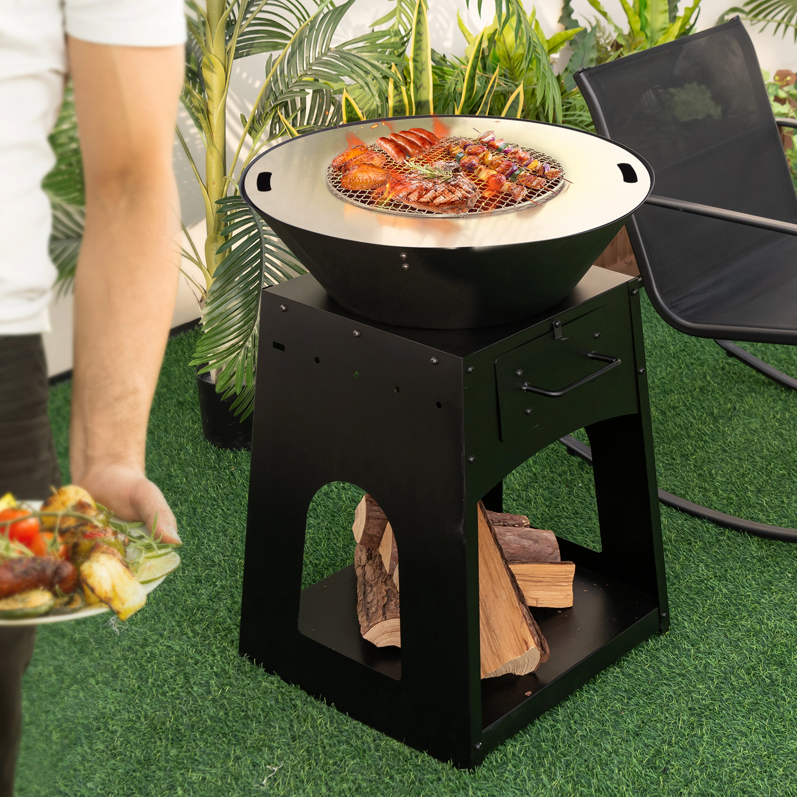 SUGIFT 23-In Wood-Burning Outdoor Fire Pit with Grill, Log Rack, Ash Box and Poker