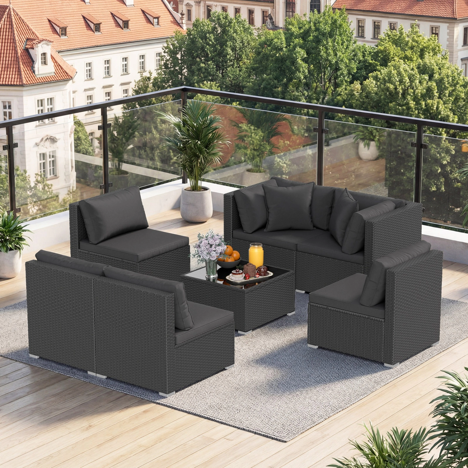 SUGIFT Tempered Glass Top Table and Cushions 7-Piece Outdoor Wicker Sectional Sofa Set