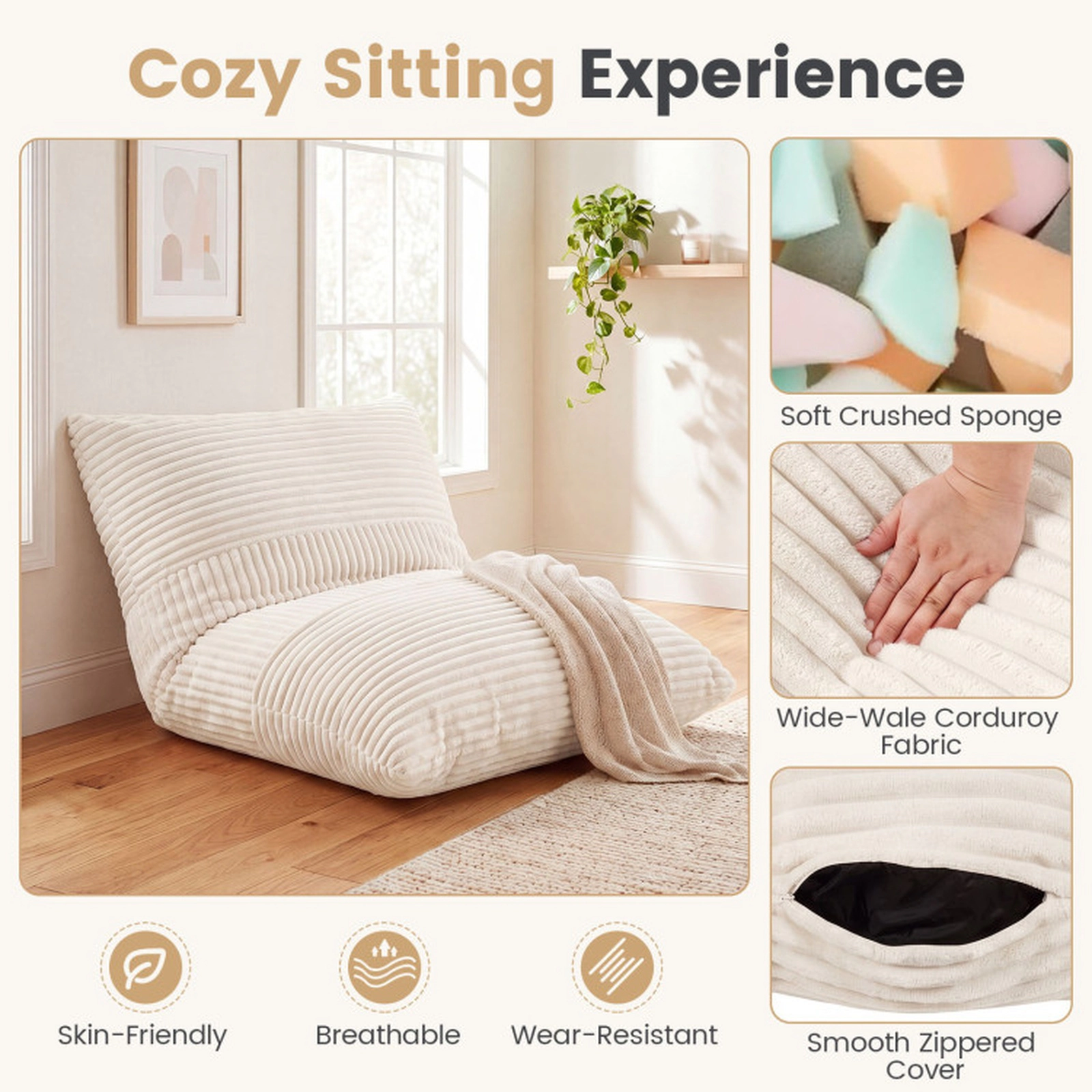 SUGIFT 3-in-1 Convertible Corduroy Fabric Zippered Cover Large Bean Bag Chair 73-in x 53-in 36-lb Net Weight Beige