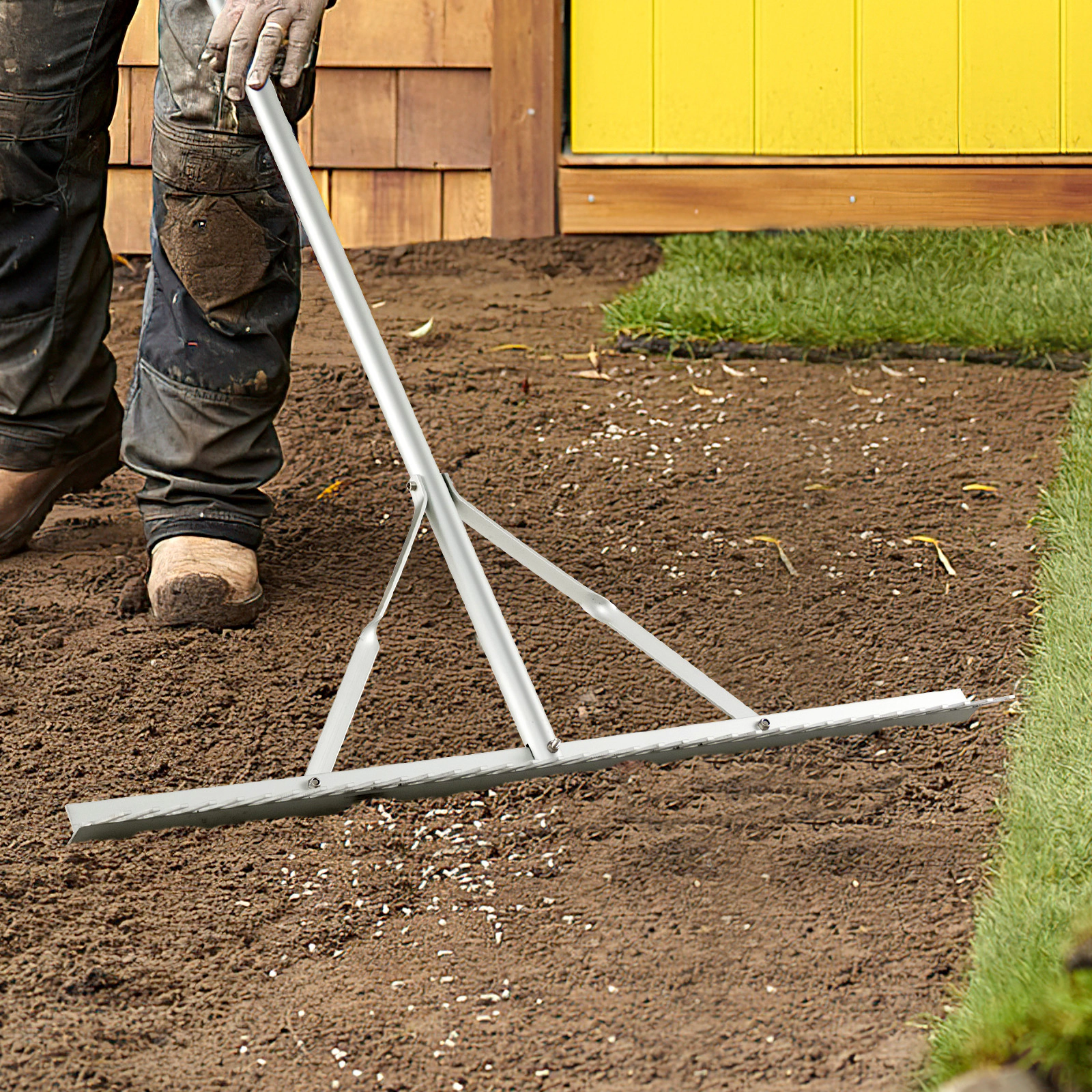 SUGIFT 36 in Aluminum Landscape Rake Silver with 68 in Handle and Close Set Tines