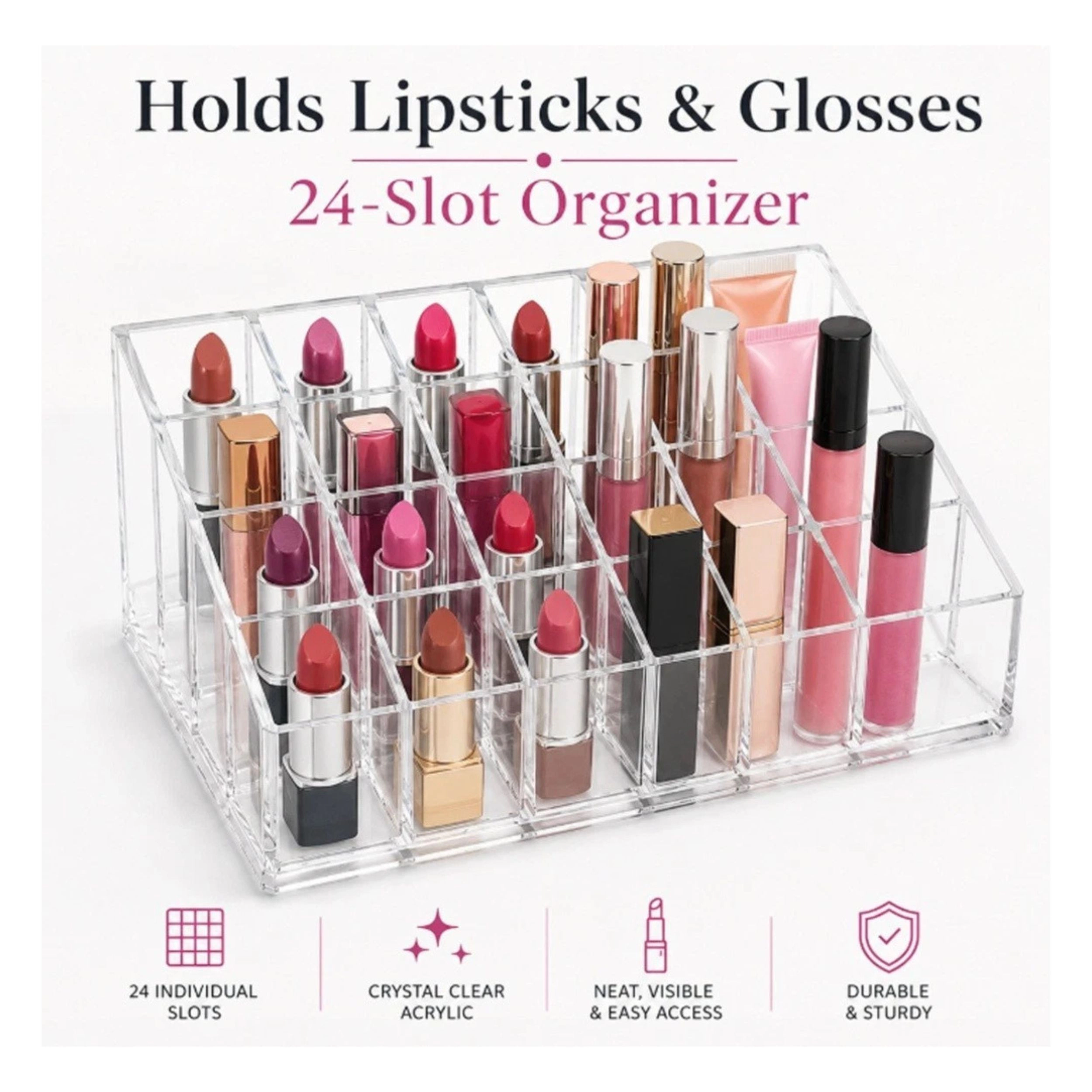 Home Collection 24-Slot Clear Acrylic Lipstick and Makeup Organizer Storage Stand