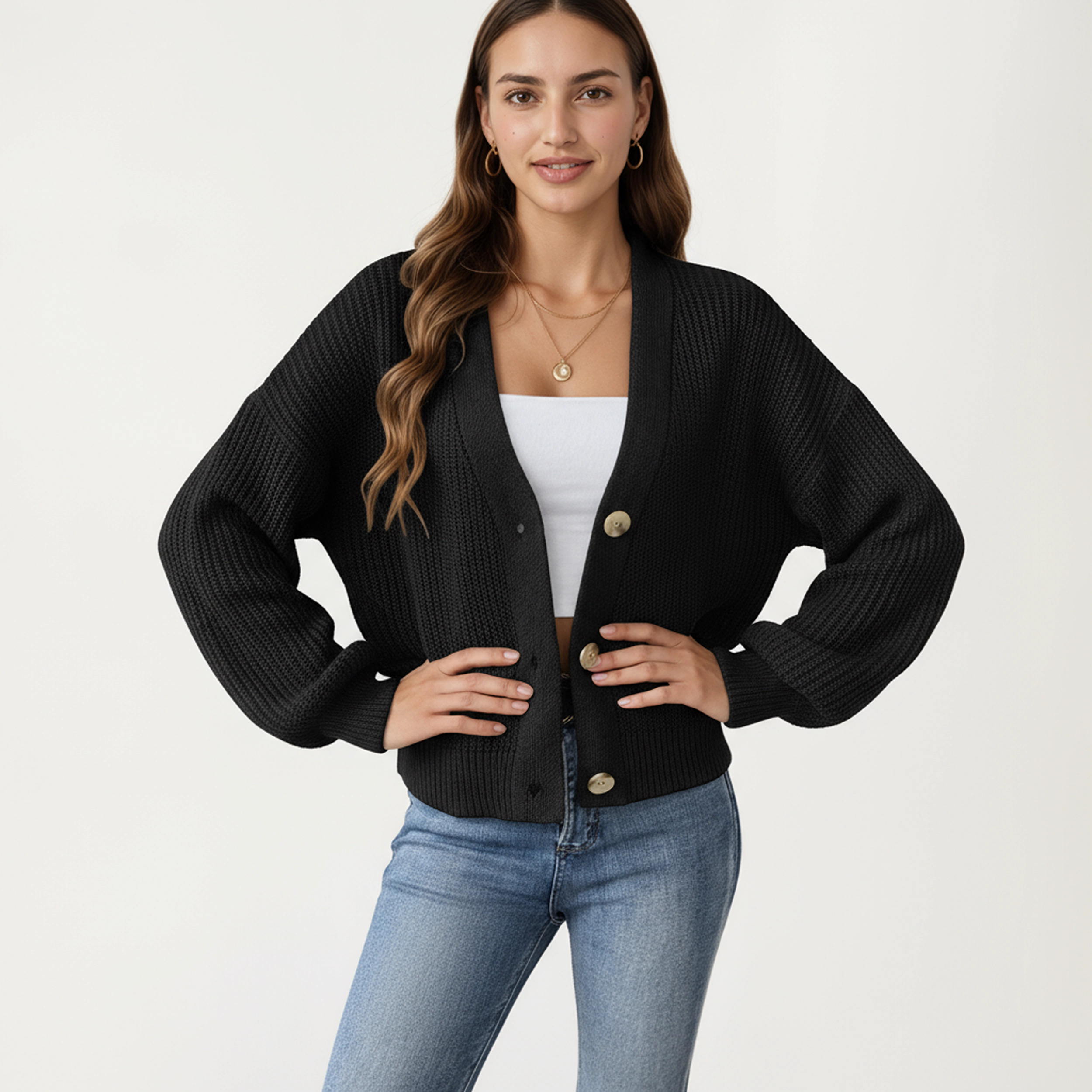 Anna-Kaci Women's Button Front Knit Cardigan with Long Lantern Sleeves and Relaxed Fit Design