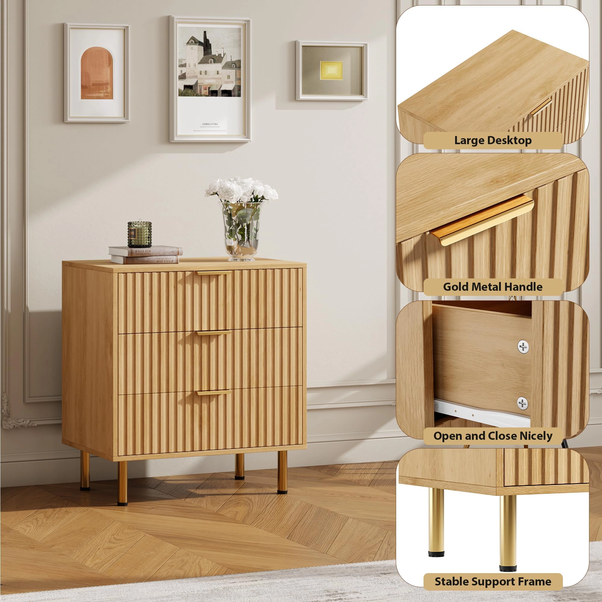 Fluted 3 Drawer Dresser Nightstand, Wooden Storage Side Table for Bedroom Living Room Hallway