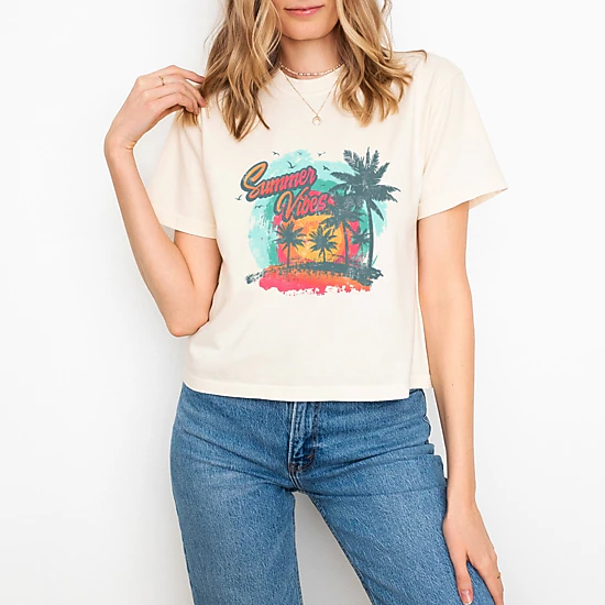 Simply Sage Market - Summer Vibes Vintage - Women's Boxy Crop Top Graphic T-Shirt