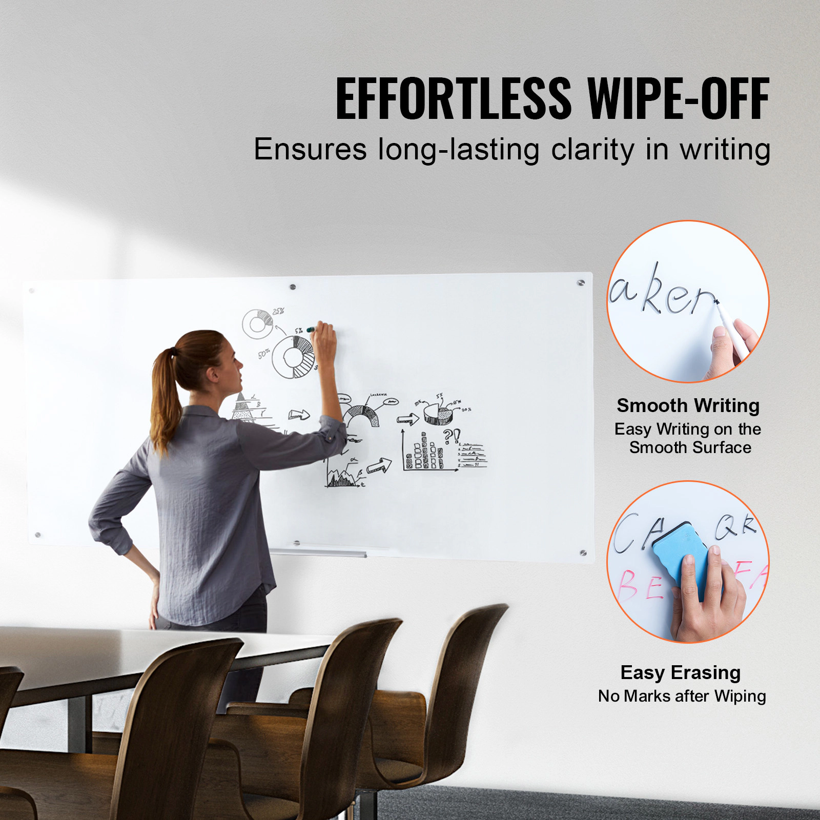 HONGGE Magnetic Glass Whiteboard Dry Erase Board Wall-Mounted Large White Glassboard Frameless with Marker Tray an