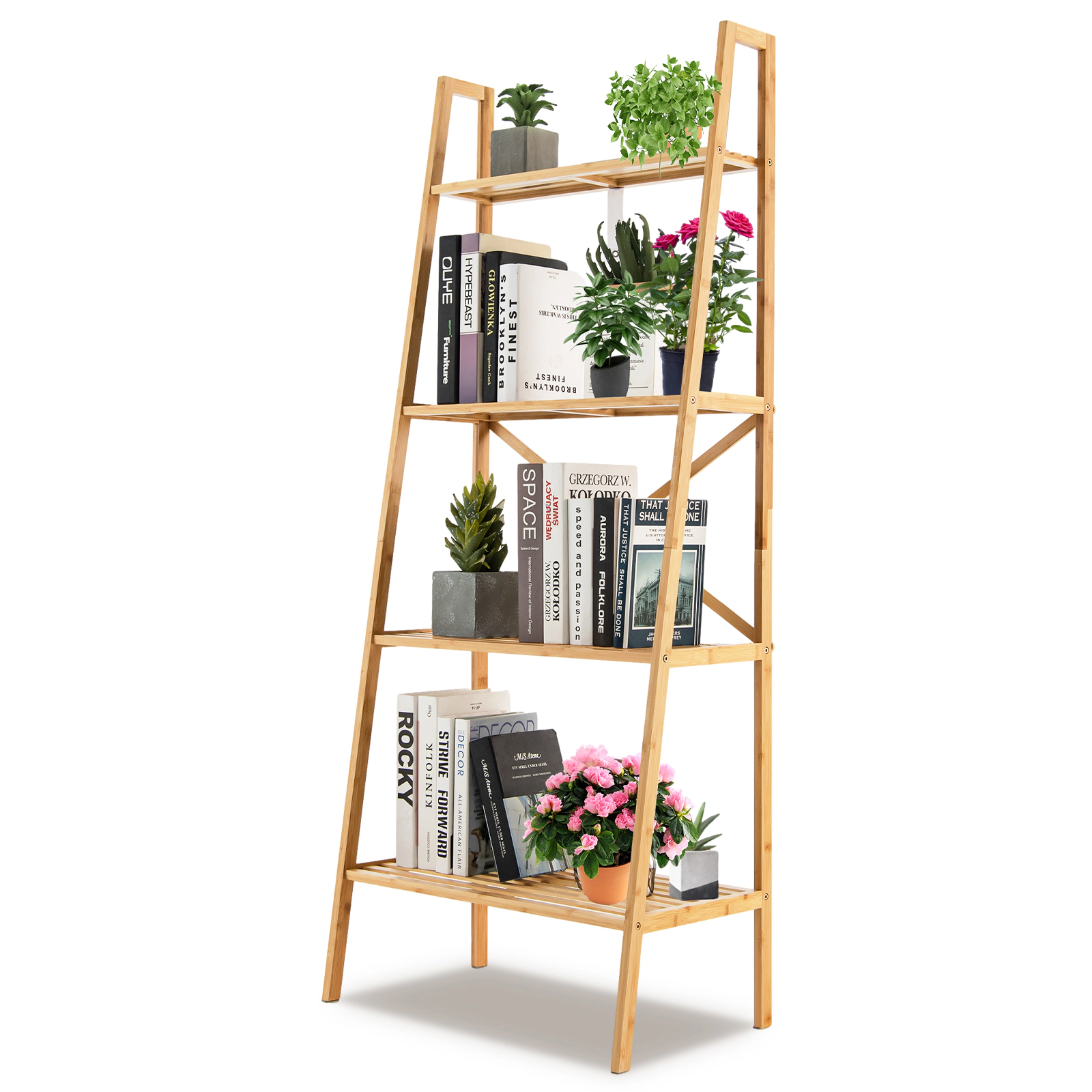 SUGIFT 58-in 4-Tier Bamboo Ladder Bookshelf 24 x 14 x 58 in Frame 22-44-lb Shelf Capacity 9-lb Net Weight Natural Finish
