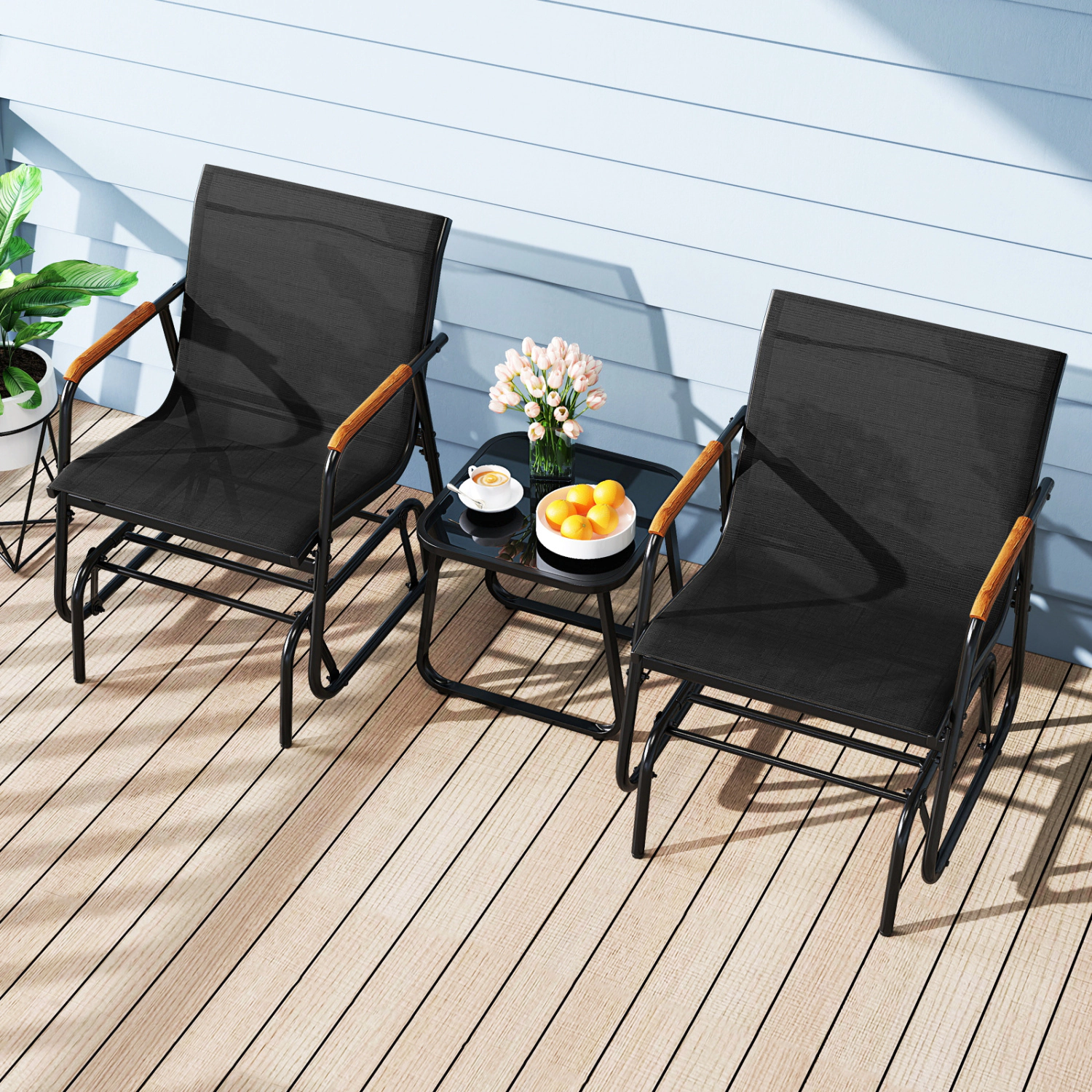 LJG 3-Piece Outdoor Glider Bistro Set with Tempered Glass Top and Metal Frame