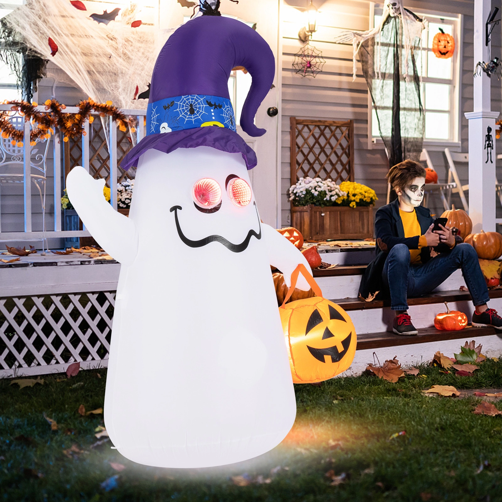 SUGIFT White 6-ft Halloween Inflatable Ghost with Jack-o-Lantern and LED Tunnel Lights 4.3-ft W 2.4-ft D 6-ft H