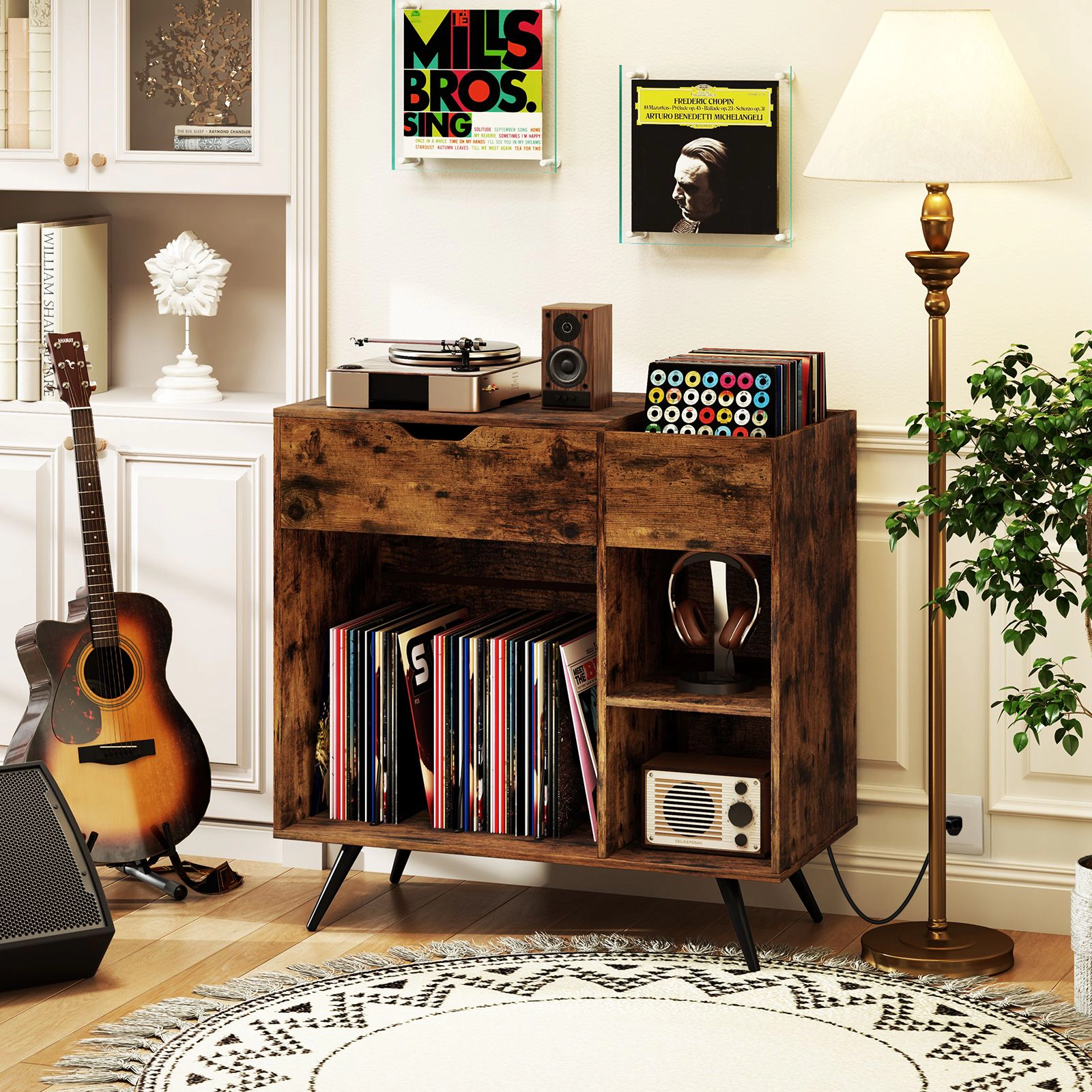 SlickBlue Record Player Stand with Power Outlet Vinyl Storage