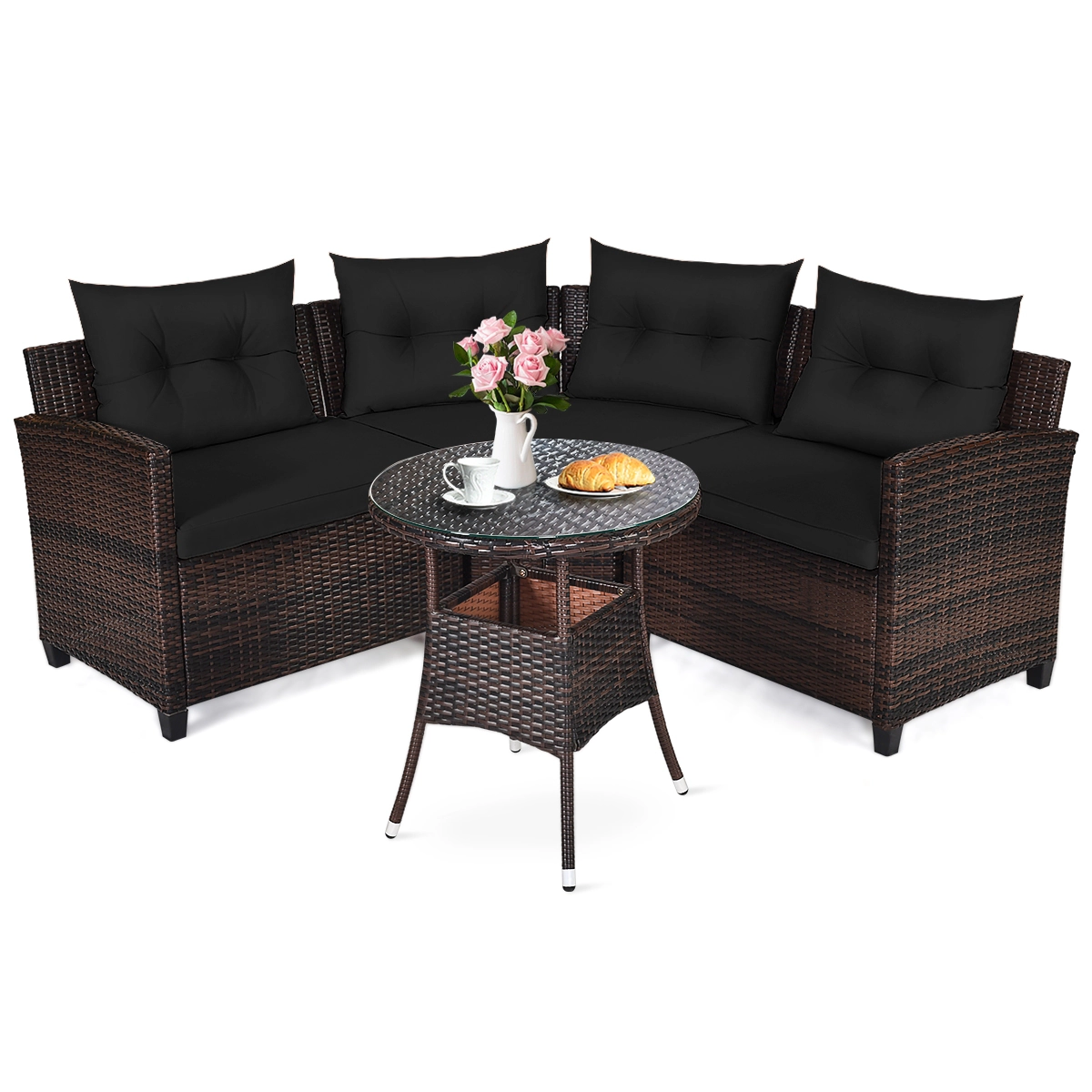 SUGIFT 4-Piece Black Rattan Patio Sectional Sofa Set with Glass Coffee Table