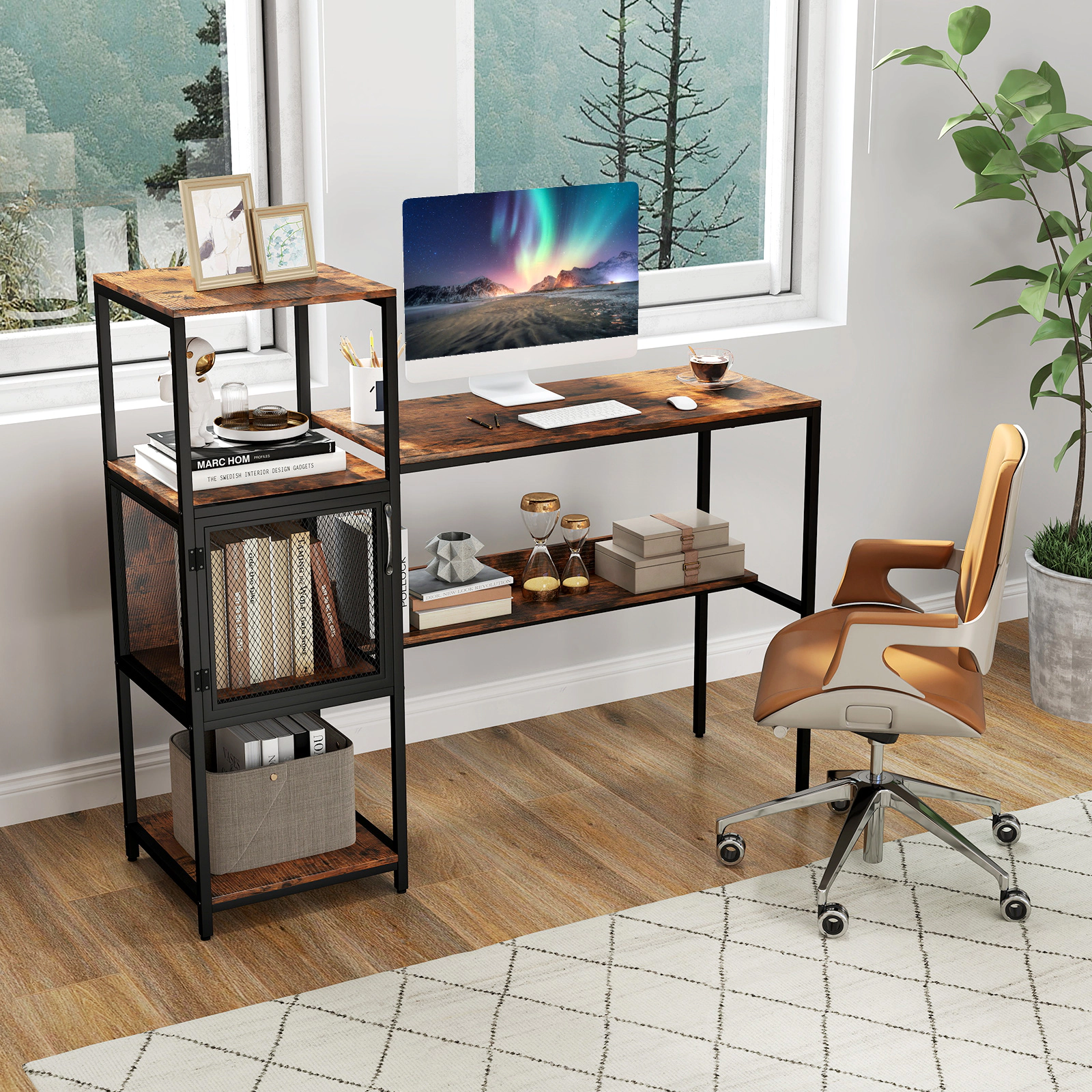 LJG Computer Desk with Bookshelf Home Office Desk with Storage Cabinet and Shelves