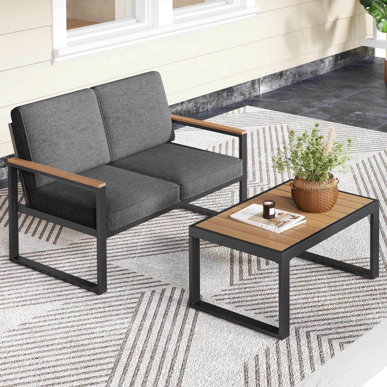 LJG 2 Piece Patio Aluminum Furniture Set with Wood-Plastic Armrests and Tabletop