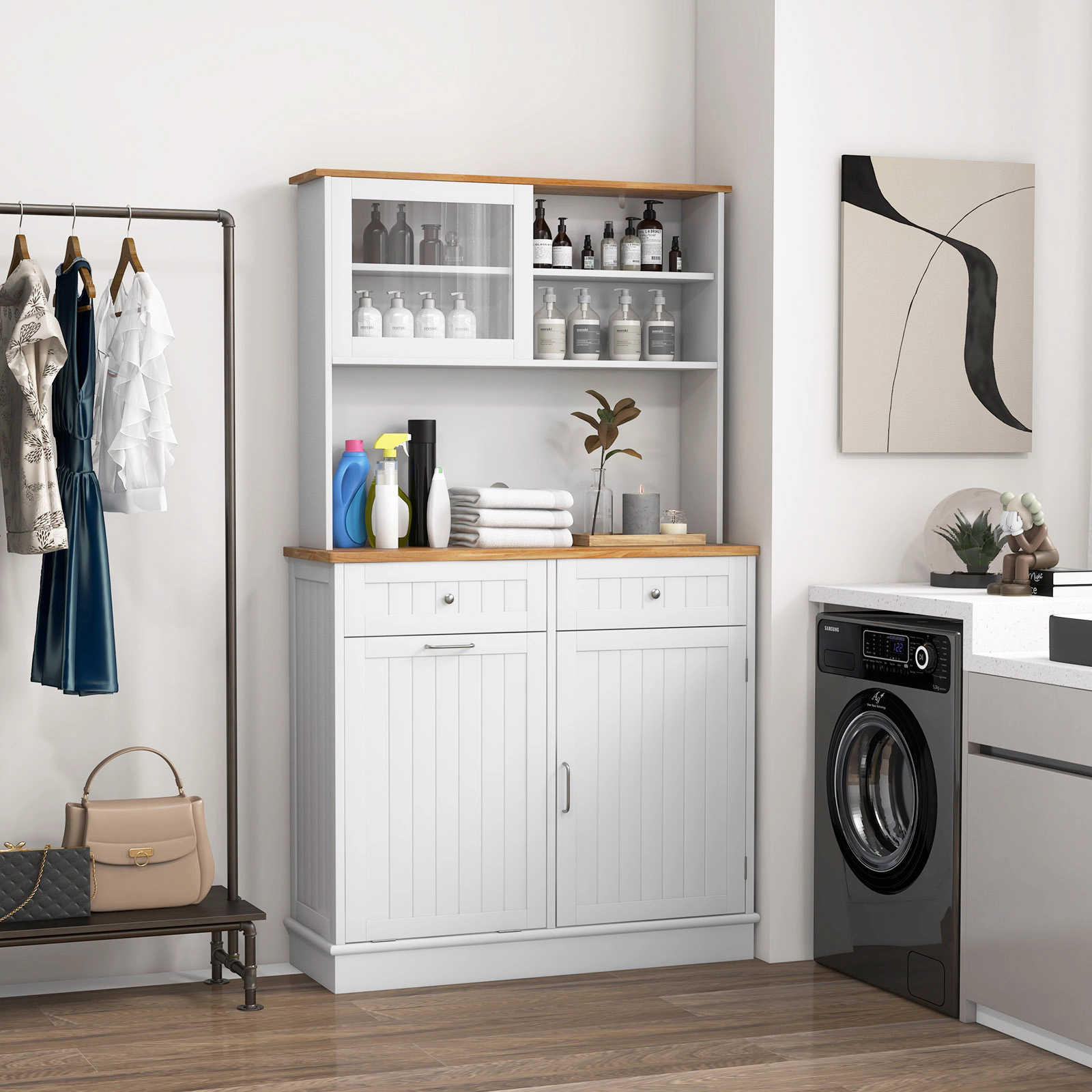 Glintex 68-Inch Tilt-Out Trash Cabinet with Rubberwood Top and Glass Hutch, White + Natural