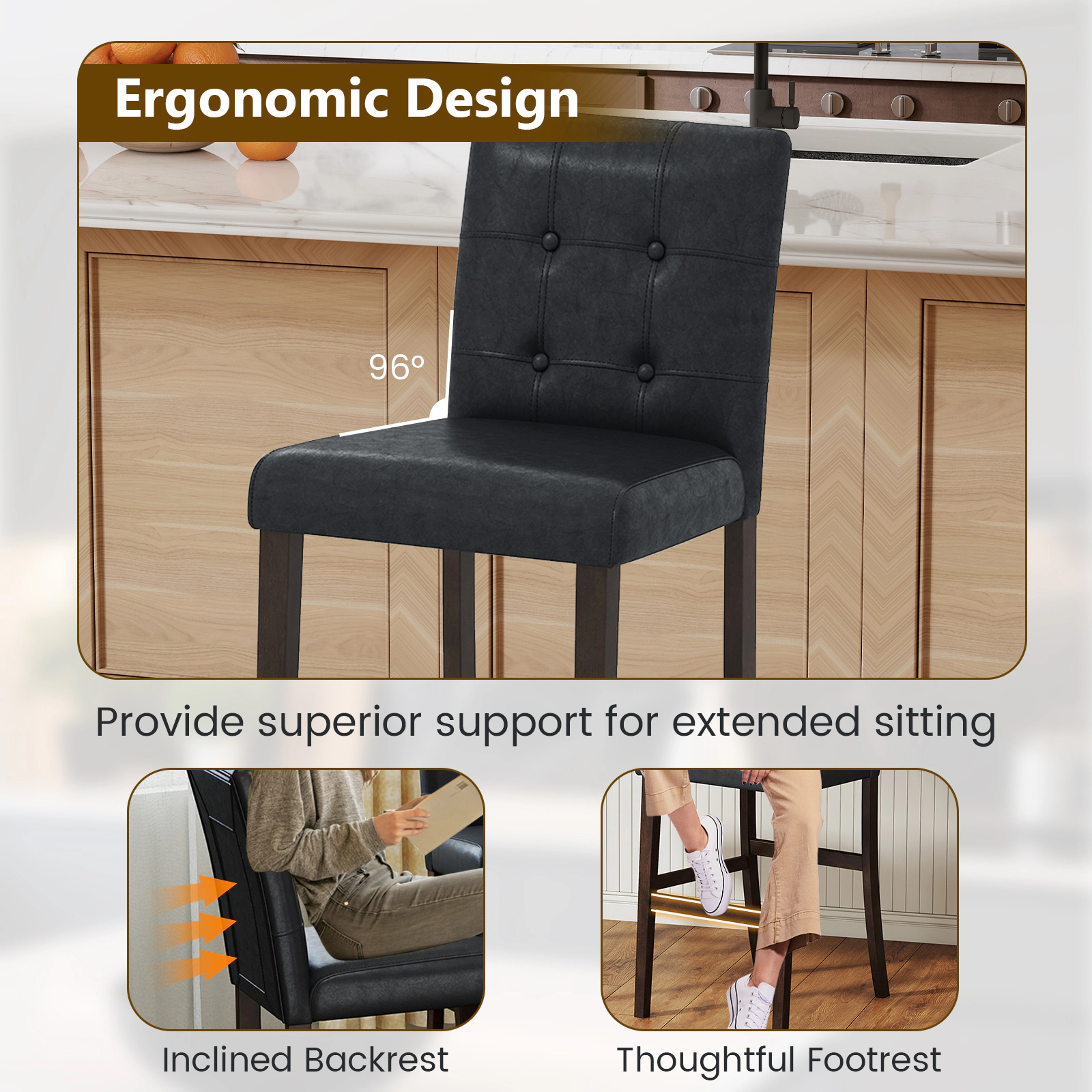 SUGIFT Set of 2 PVC Dining Leather Bar Stools Solid Wood Legs 243-lb Capacity 39-in Tall Upholstered Seat & Back Black