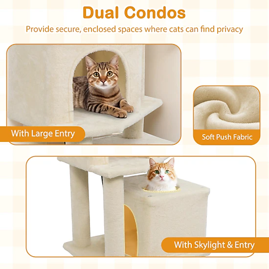 SUGIFT 57-in Beige Cat Tree Tower with 2 Condos Hammock Dangling Balls and 29-in Wide Weighted Base