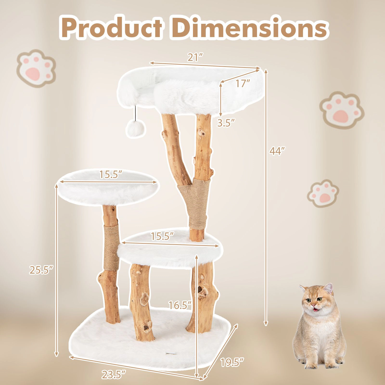 SlickBlue 44" Solid Wood Cat Tree with Plush Perches & Scratcher