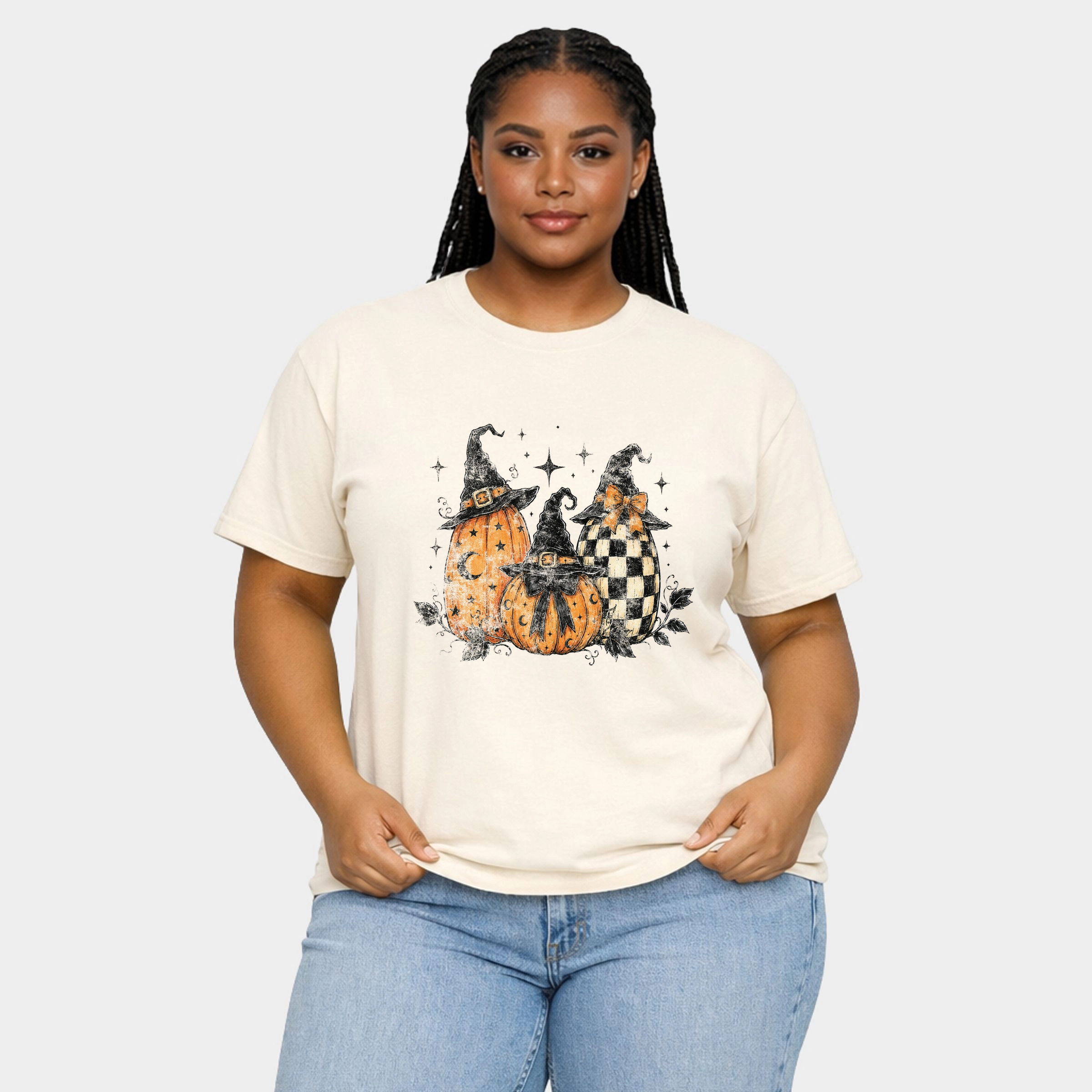 Simply Sage Market - Women's Plus Sized Garment Dyed Graphic T-Shirt Witch Hat Pumpkins