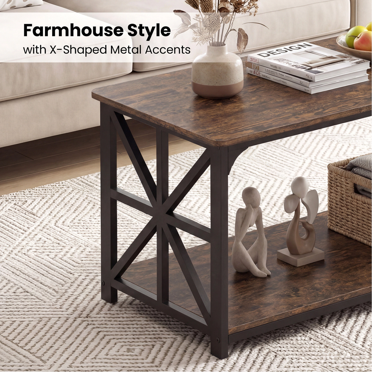 Glintex 2-Tier 43-Inch Coffee Table with X-Shaped Carbon Steel Accents