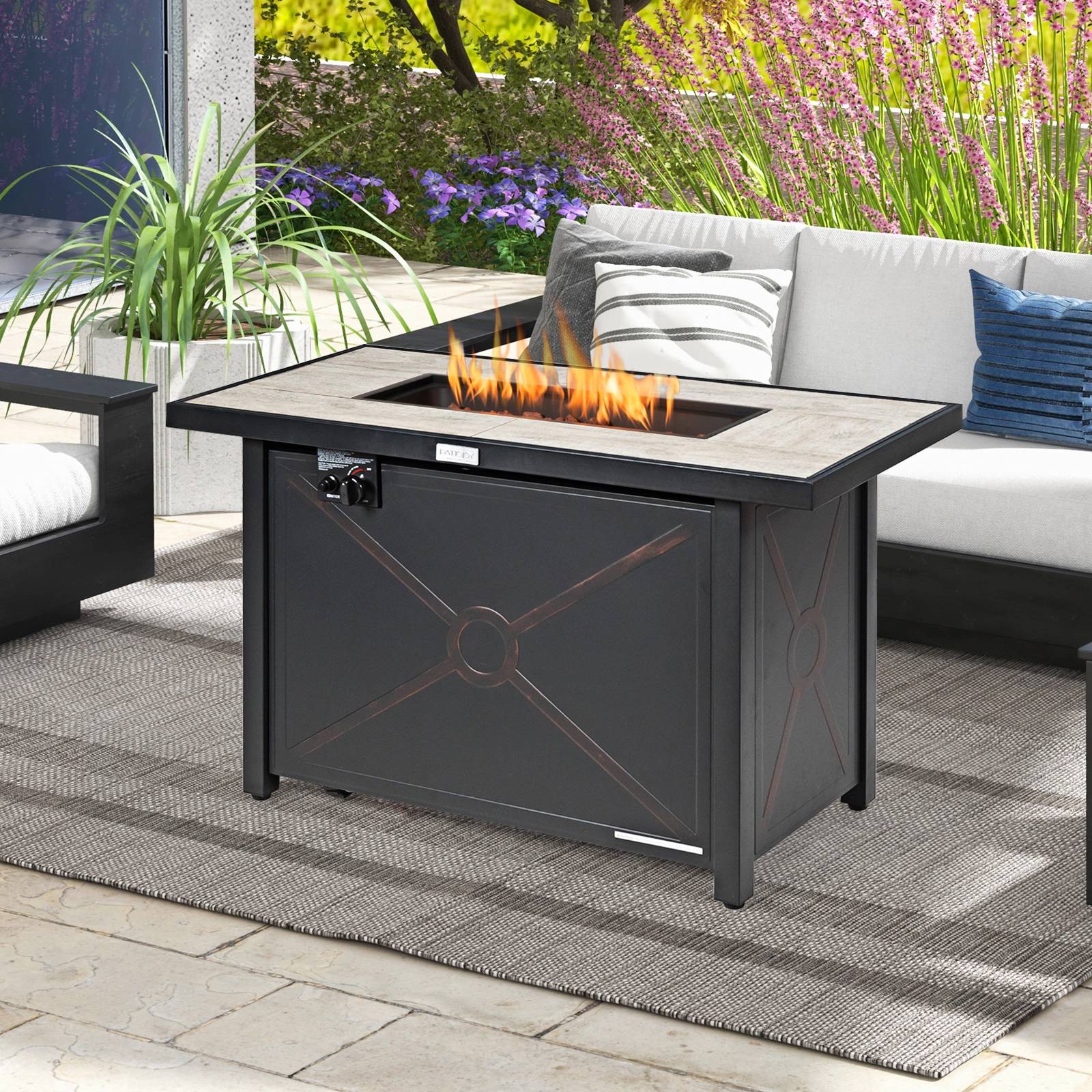 SUGIFT Black Rectangular Propane Fire Pit Table with Ceramic Tabletop 42-in W 20-in D 25-in H 60000-BTU Output