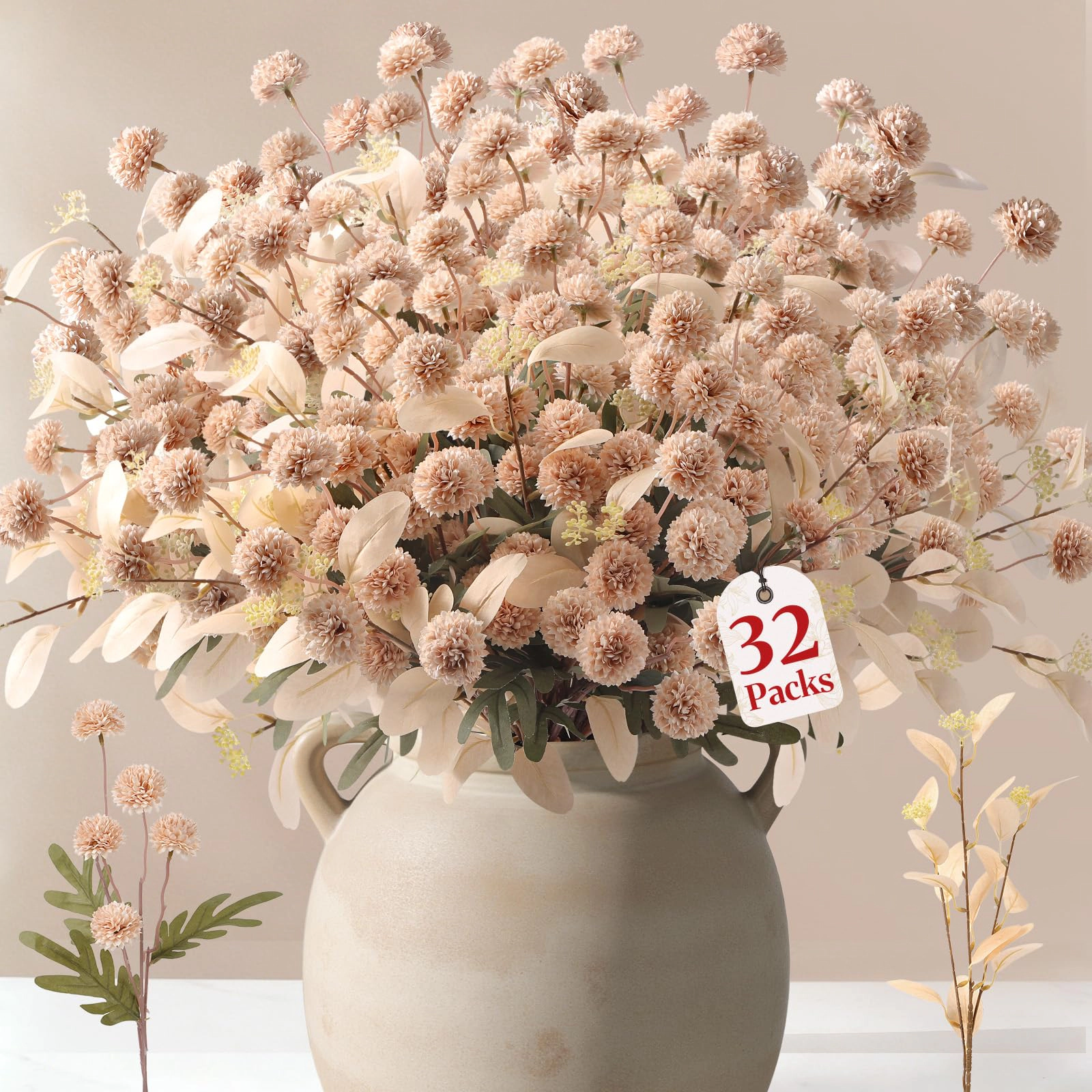 PUPWE 16 Silk Mums Artificial Fall Flowers With EucalyptFor Vase