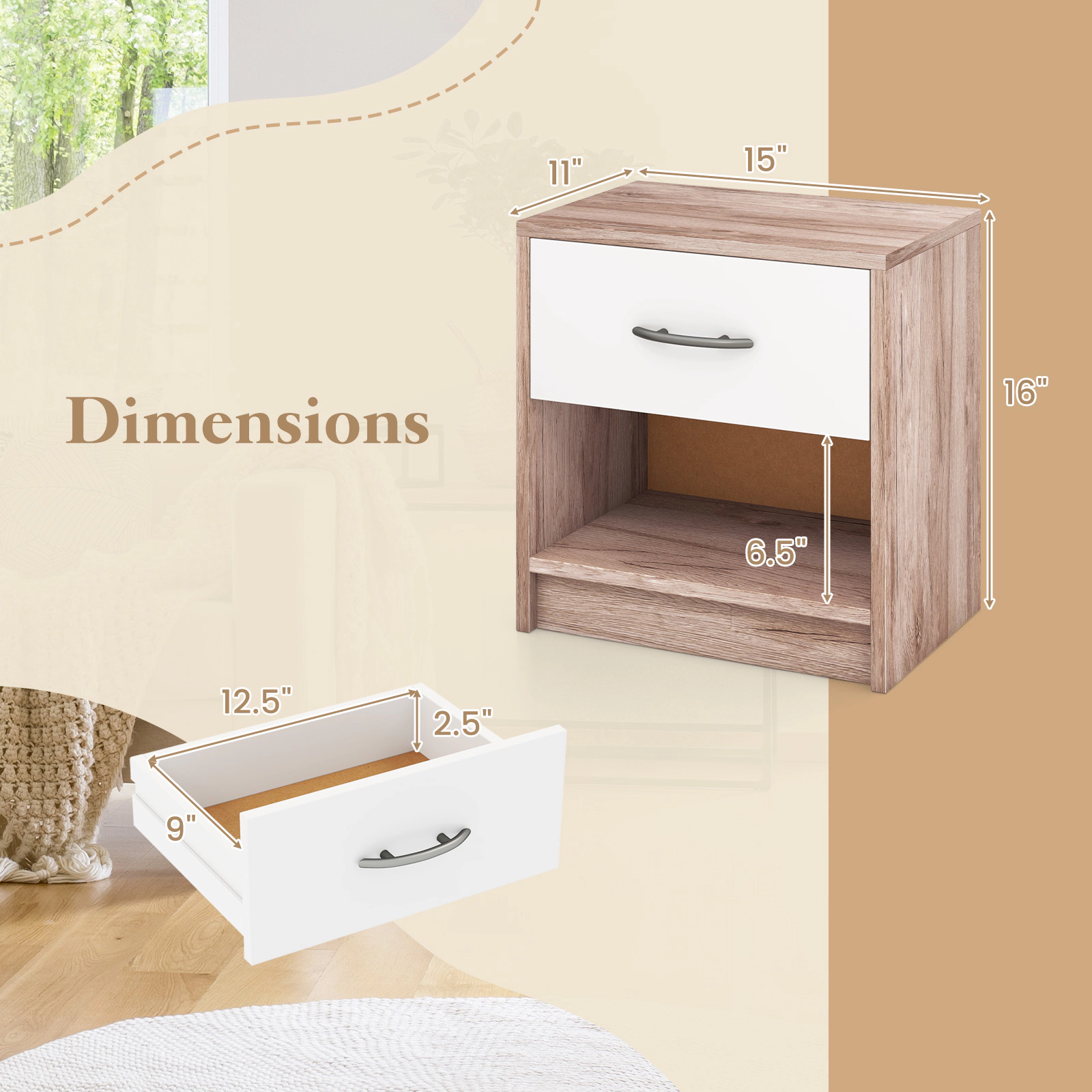 SUGIFT Bedside Table Nightstand with Drawer and Open Storage Shelf 22-Lb Capacity Oak