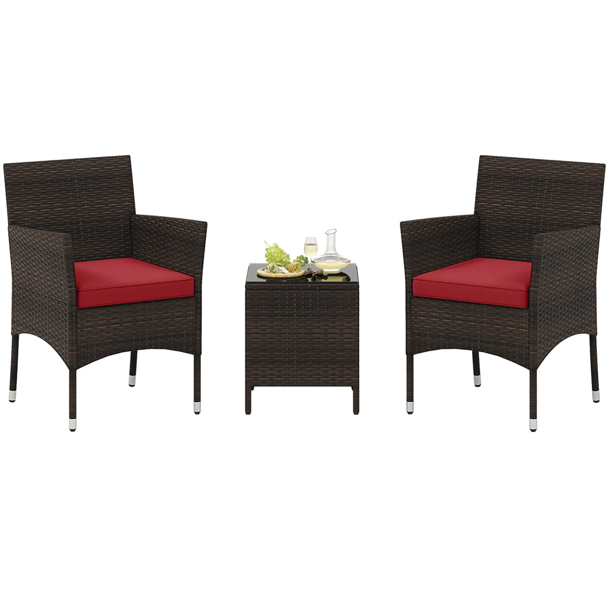 SUGIFT 3-Piece Outdoor PE Rattan Conversation Set with Cushions and Glass Tabletop 400-lb Chair Capacity Red