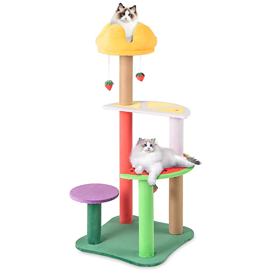 LJG 45 Inch Multi-Level Cat Tree with Plush Padded Top Perch and Fruit-Shaped Platforms