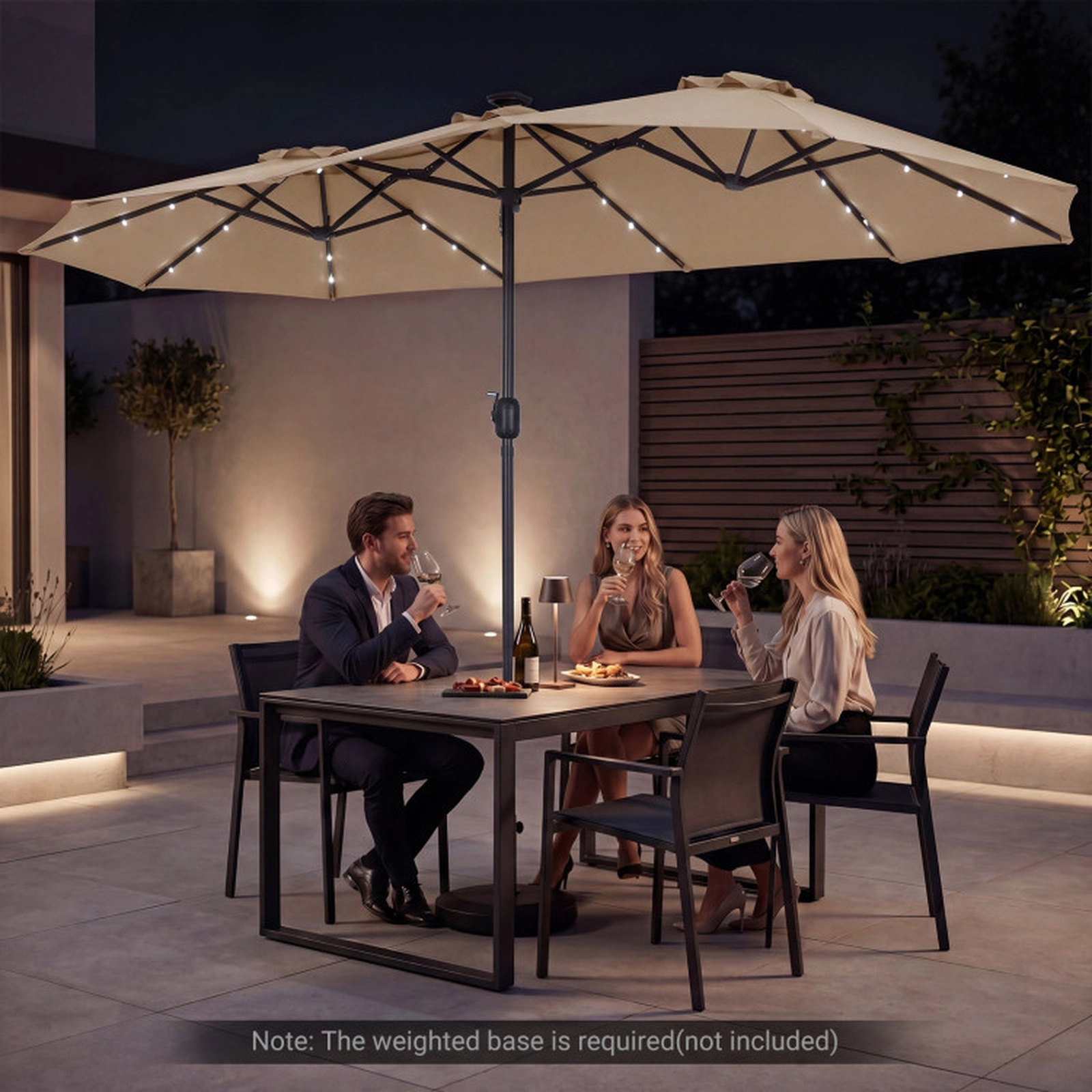 SUGIFT Solar-Powered LED Double-Sided Patio Market Umbrella 13-ft Canopy with 12 Metal Ribs and Crank Handle Tan