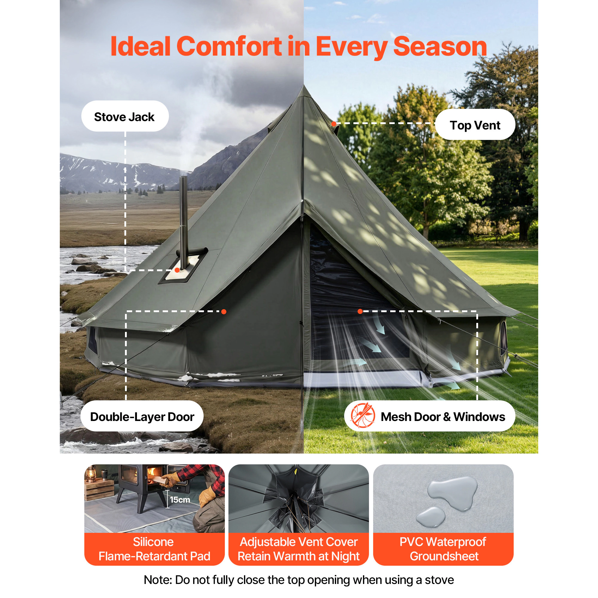 HONGGE Canvas Bell Tent 4 Seasons Yurt Tent for Camping with Stove Jack Canvas Breathable Holds with Zipped Detachable