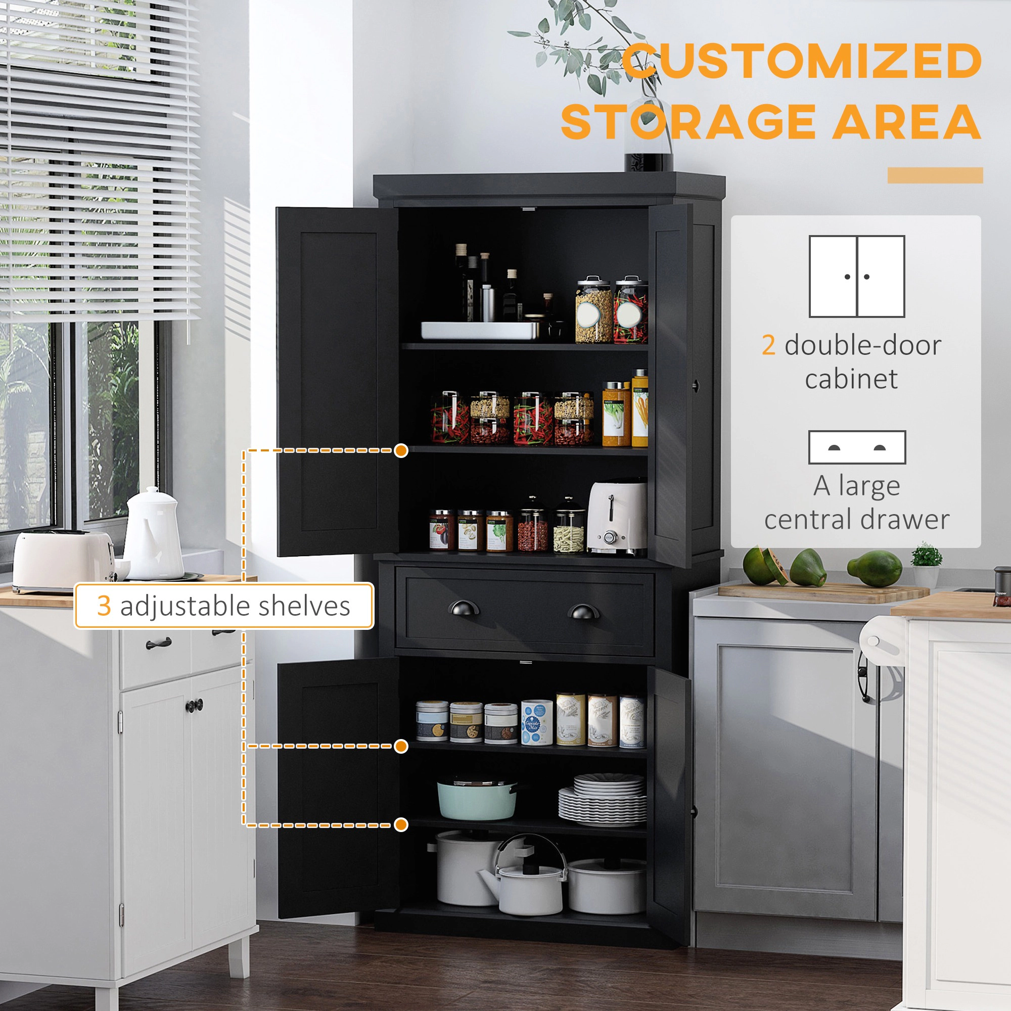 HONGGE Kitchen Cabinet Pantry Storage Cabinet with Doors and Shelves Freestanding Food Pantry Cabinet