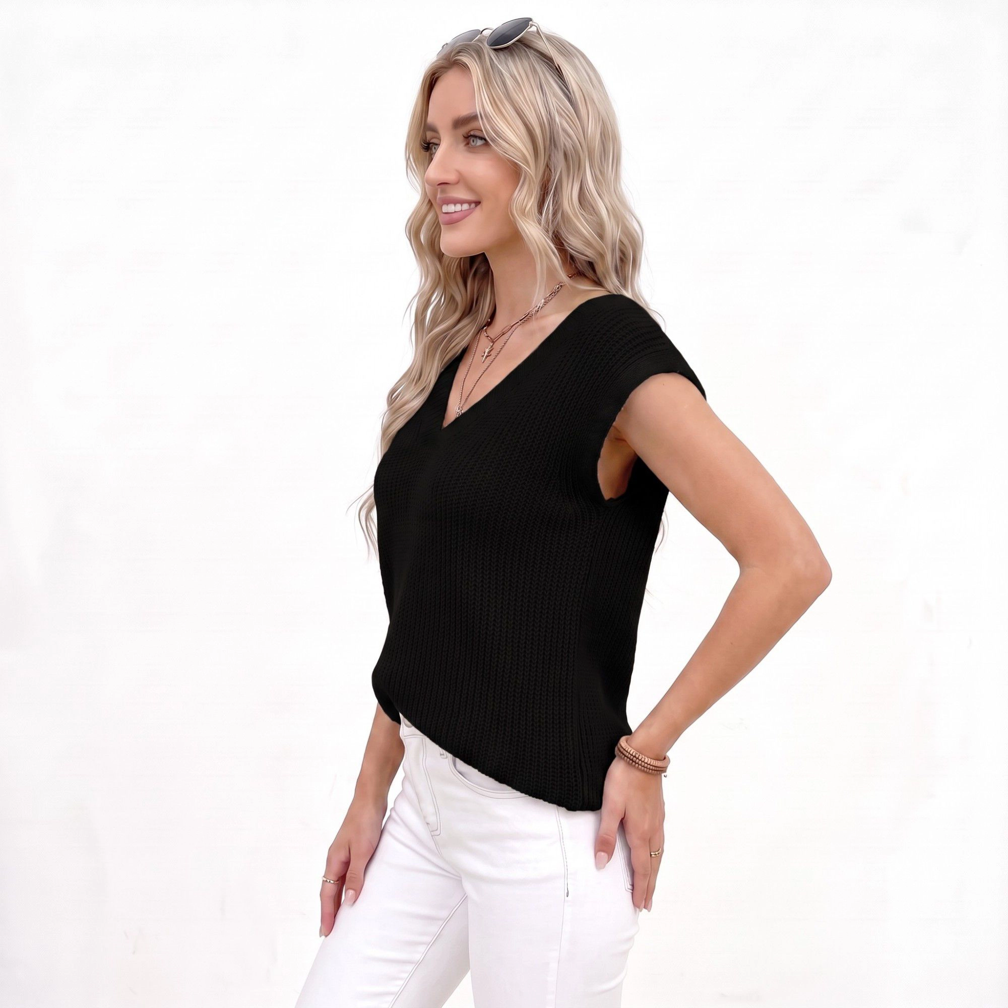 Anna-Kaci Women's V Neck Sweater Vest Sleeveless Textured Knit Pullover Top