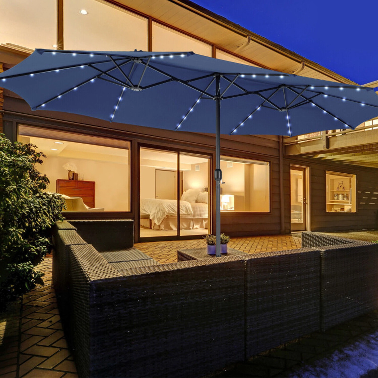 SUGIFT 15.4-ft Double-Side Twin Patio Umbrella 48 Solar LED Lights 26-lb Net Weight Steel Polyester Fabric Canopy Navy