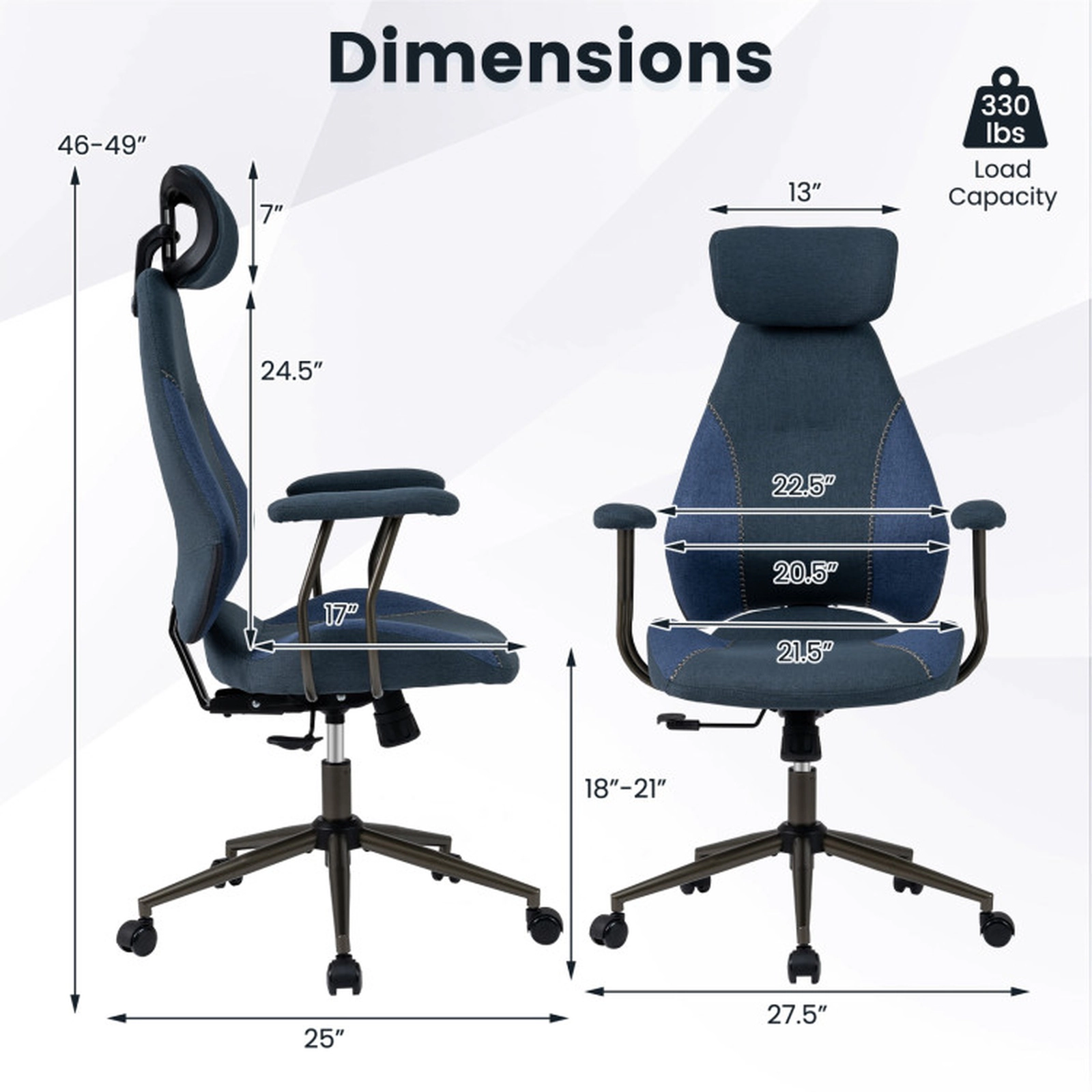 SUGIFT 2D Headrest Rocking Backrest Suede Upholstered Ergonomic Office Chair 27.5-in x 25-in x 46-in 330-lb Navy