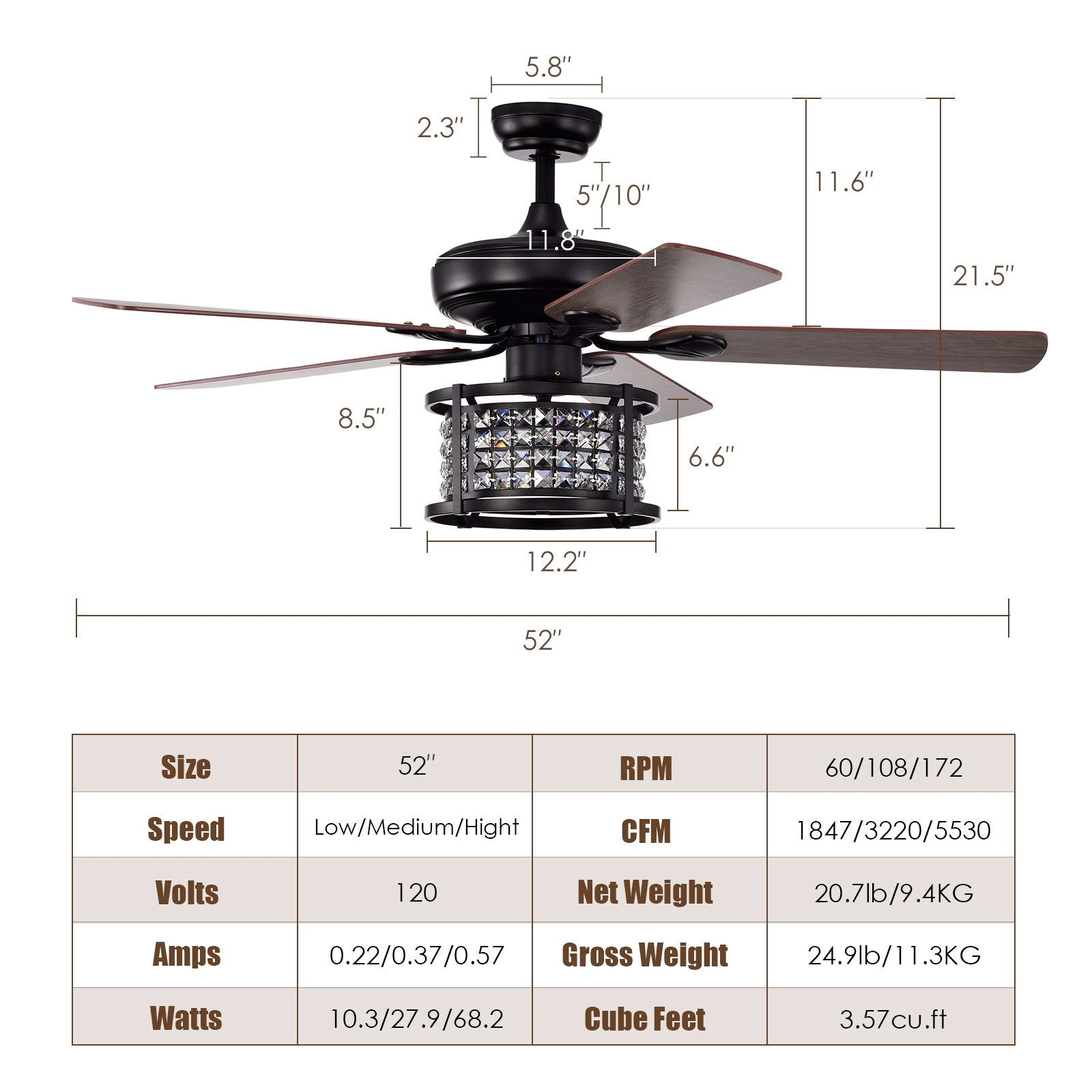 SUGIFT Crystal Ceiling Fan Light 3-Speed 52-in with Remote Control Black