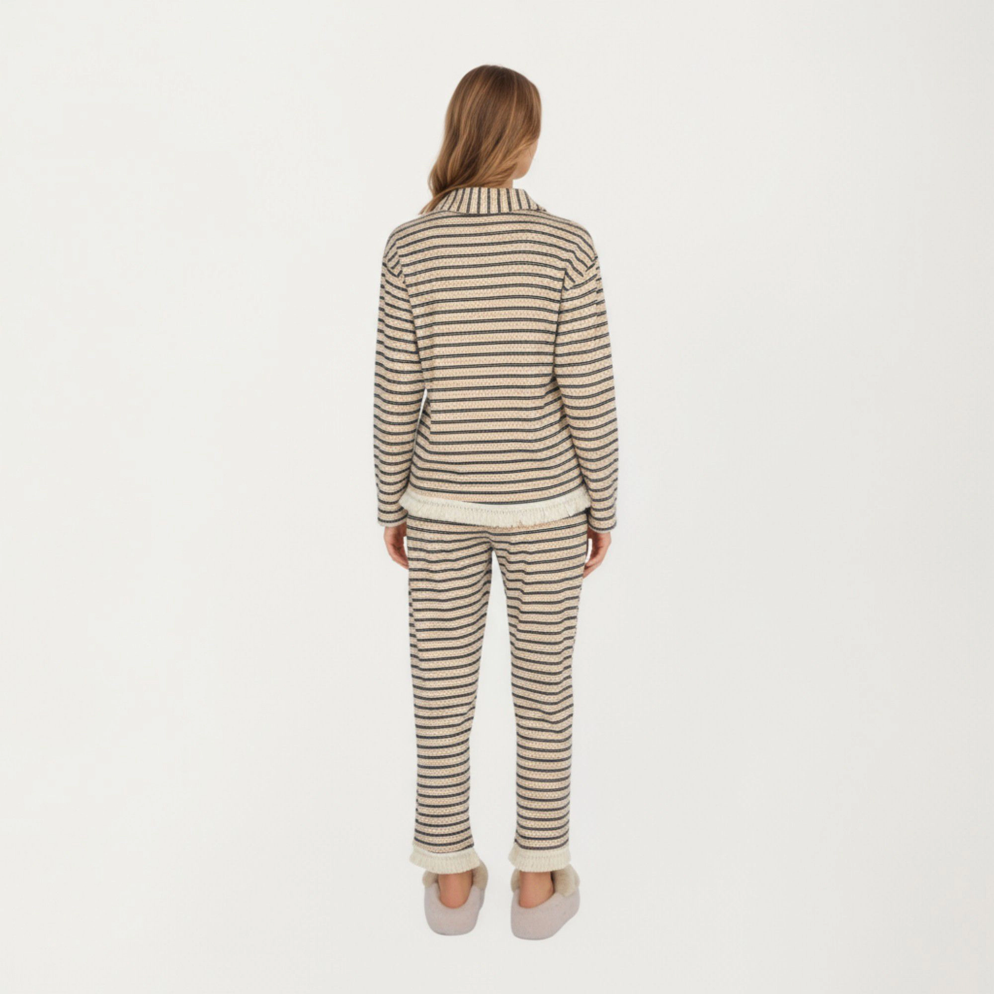 Anna-Kaci Women's 2-Piece Long Sleeve Button Front Top with Built-In Chest Pads and Relaxed Fit Pants Pajama Set