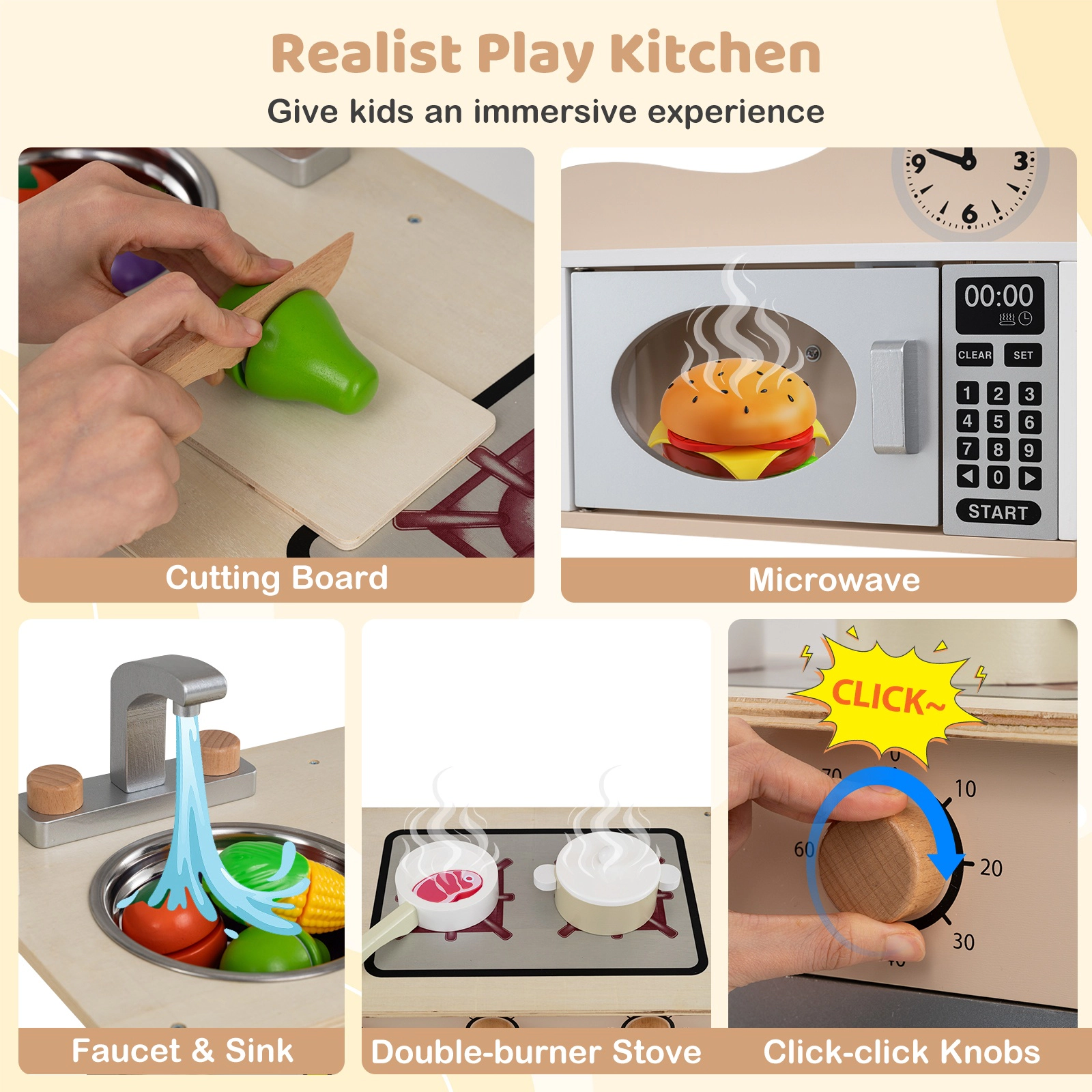 SUGIFT Wooden Play Kitchen Cooking Toy Playset with 13 Accessories for Kids Ages 3+ 27-in Wide White Natural Gray
