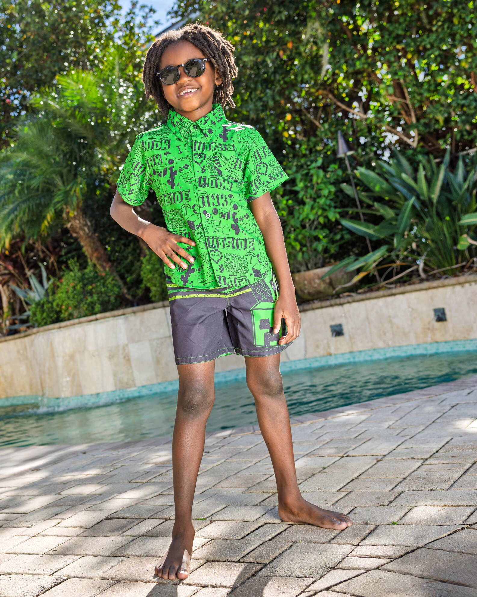 Minecraft Creeper Boys' Swimwear Camp Shirt and Swim Trunks Set
