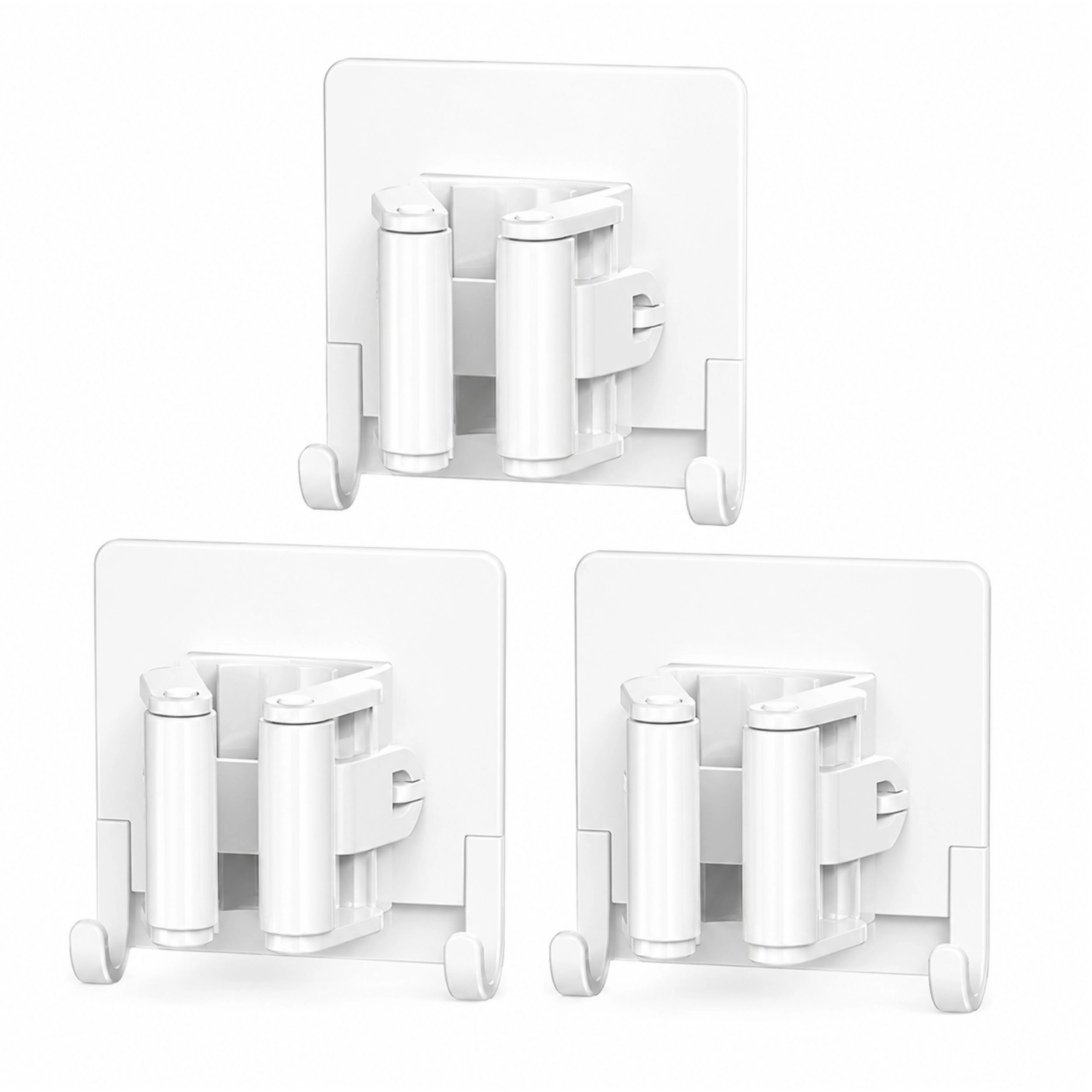 Home Collection Pack of 3 Broom Mop Holder with Hooks Self-Adhesive Wall Mount Organizer
