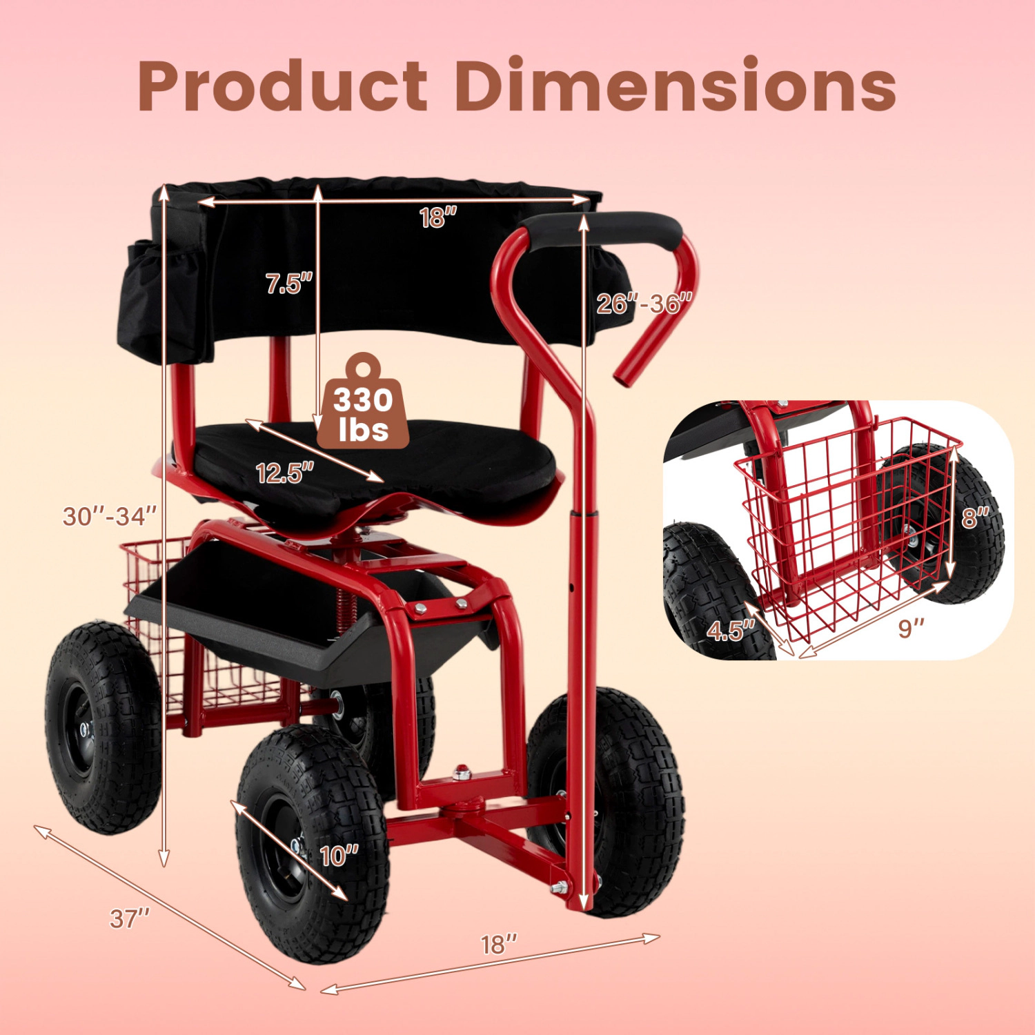 LJG Cushioned Rolling Garden Cart Scooter with Storage Basket and Tool Pouch