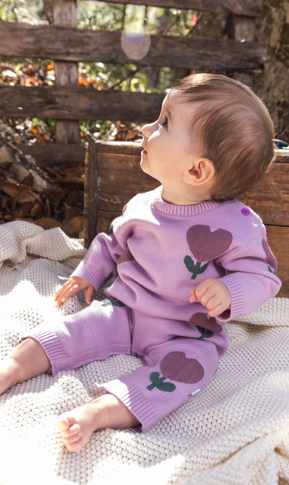 Deux par Girls Knitted Intarsia Long Sleeve Romper with Heart and Flower Pattern