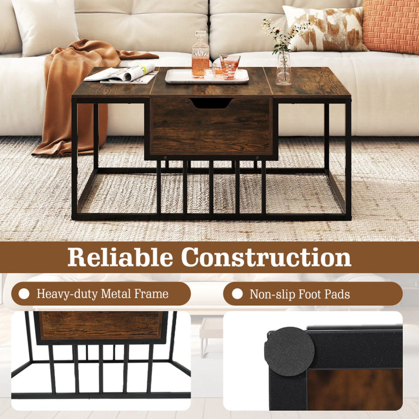 SUGIFT 39.5-in 110-lb Capacity Lift Top Rustic Brown Coffee Table with Gas Struts and Hidden Compartment